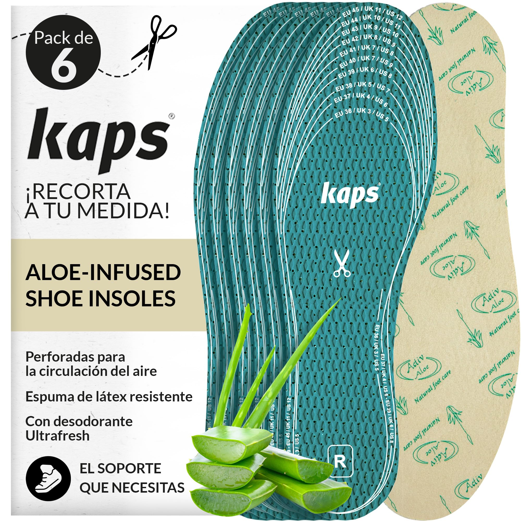 Kaps Plantillas Aloe Vera Ultra-Fresh Hombre y Mujer, Plantillas Zapatos Unisex Tacto Suave Transpirables y Antideslizantes - Para Cortar a Medida con Tecnología Antiolor - 6 Pares