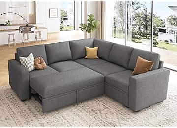HONBAY Sectional Sleeper Sofa with Pull Out Bed, L Shaped Couch with Storage Seat, Modular Sectional Couches for Living Room, Dark Grey