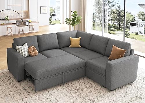HONBAY Sofá cama modular con cama extraíble, sofá en forma de L con asiento de almacenamiento, sofás modulares para sala de estar, gris oscuro