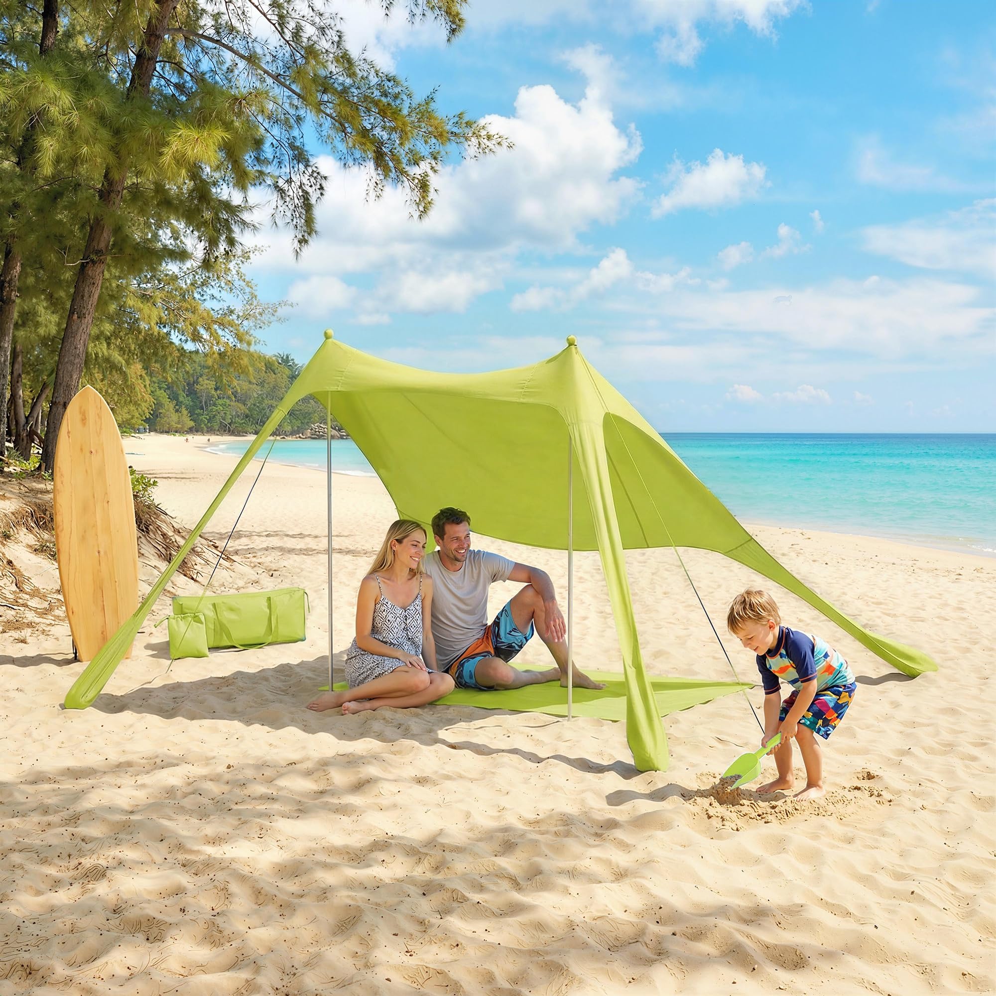 Outsunny Tenda da spiaggia pieghevole 208 x 200 cm, tenda da spiaggia portatile per 2-4 persone con tappetino, UPF50+, pali in alluminio, pala, picchetti e borsa per il trasporto impermeabile, per