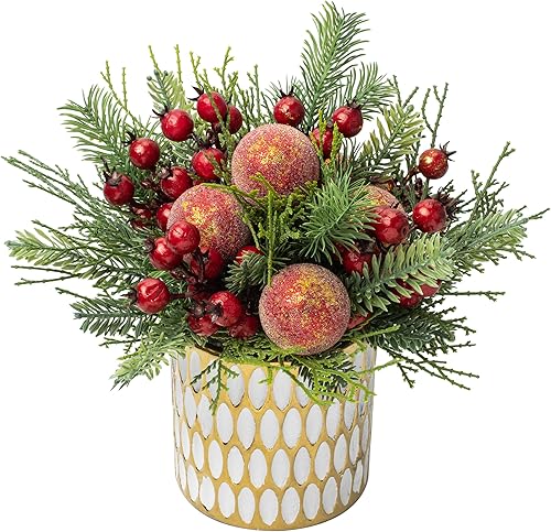 Briful Árbol de Navidad de 11.4 pulgadas, arreglo de Navidad artificial grande en maceta dorada con bayas rojas, bola de Navidad roja y acebo para