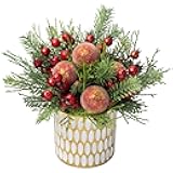 Briful 11.4 Inch Christmas Tree Large Artificial Potted Christmas Arrangment in Gold Pot with Red Berries,Red Xmas Ball and Holly for Centrepieces Table Farmhouse Console Countertop Décor