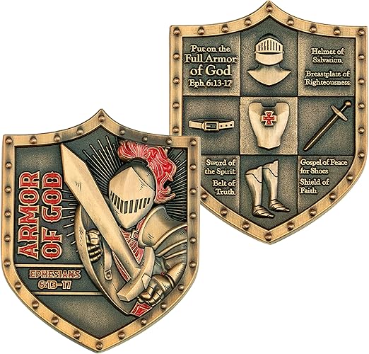 Armor of God Challenge Coin, Commemorative Military Souvenir Coins for Collectors, Knight Templar Shield Religious Pocket Prayer Token of Faith for Army, Navy, & Marine Veterans, Ephesians Gift