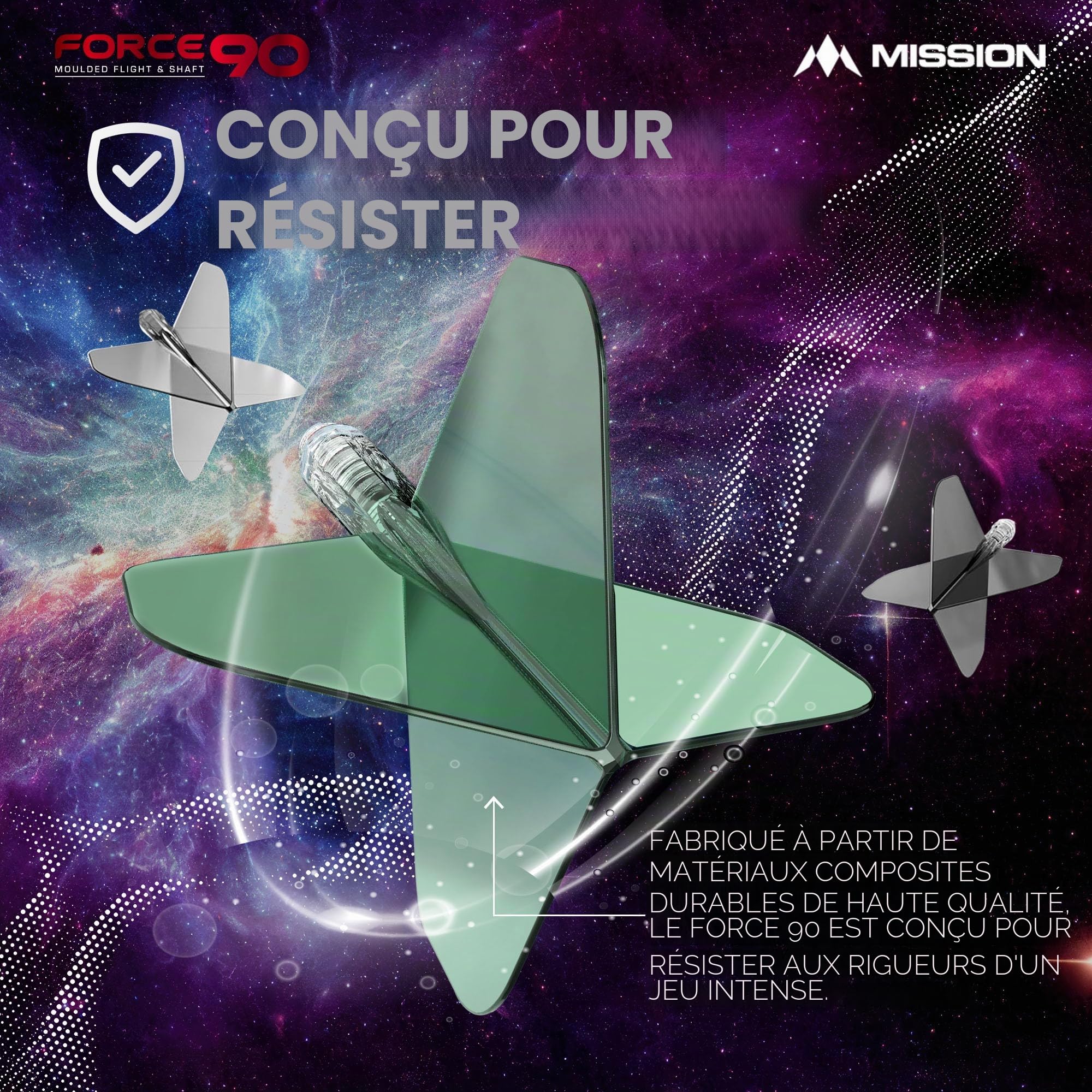 Mission Darts Force 90 | Ailettes et tiges de fléchettes moulées avec précision intégrées, lot de 3 ailettes et tiges professionnelles hautement durables 2 en 1 | Standard n°6