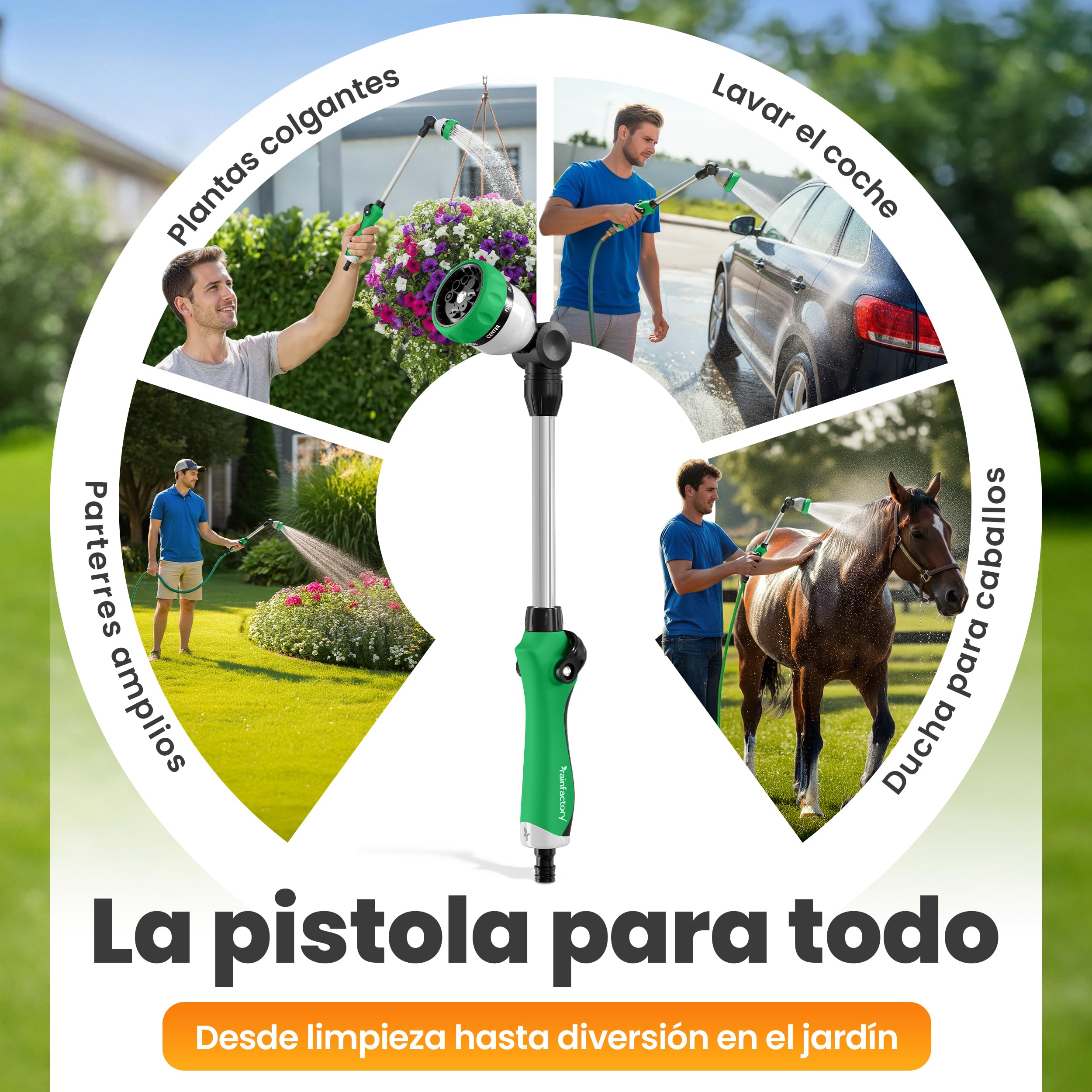 rainfactory pistola manguera jardín 40 cm - lanza de riego con 8 modos de pulverización - boquilla manguera 180° giratoria con control de pulgar, mango ergonómico y antideslizante
