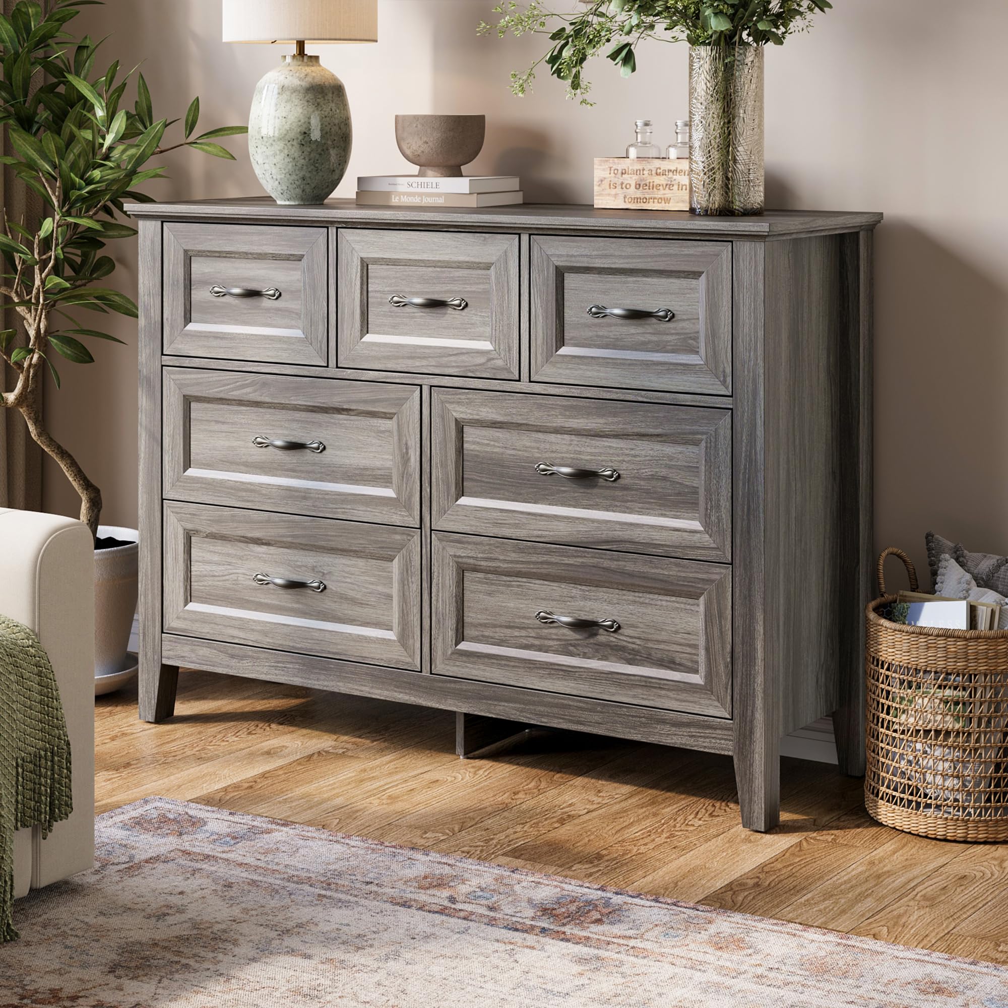 LINSY HOME Farmhouse 7 Drawers Dresser for Bedroom, Wood Chest of Drawers with Metal Handle, Wide Dresser Organizers for Bedroom, Nursery, Closet, Grey