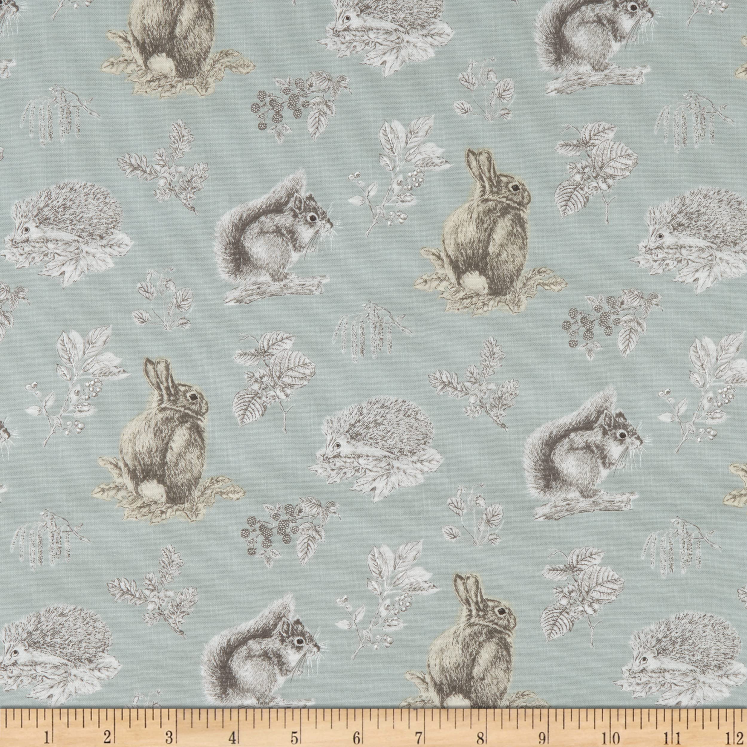 FreeSpirit Woodland Blooms Squirrel and Hedgehog Sky Fabric by The Yard