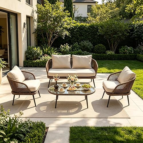 Tribesigns 4-Piece Outdoor Patio Furniture Set with Removable Waterproof Cushions, All-Weather Rattan Wicker Conversation Furniture Set with Glass Coffee Table for Garden, Pool, Porch, Balcony (Brown)