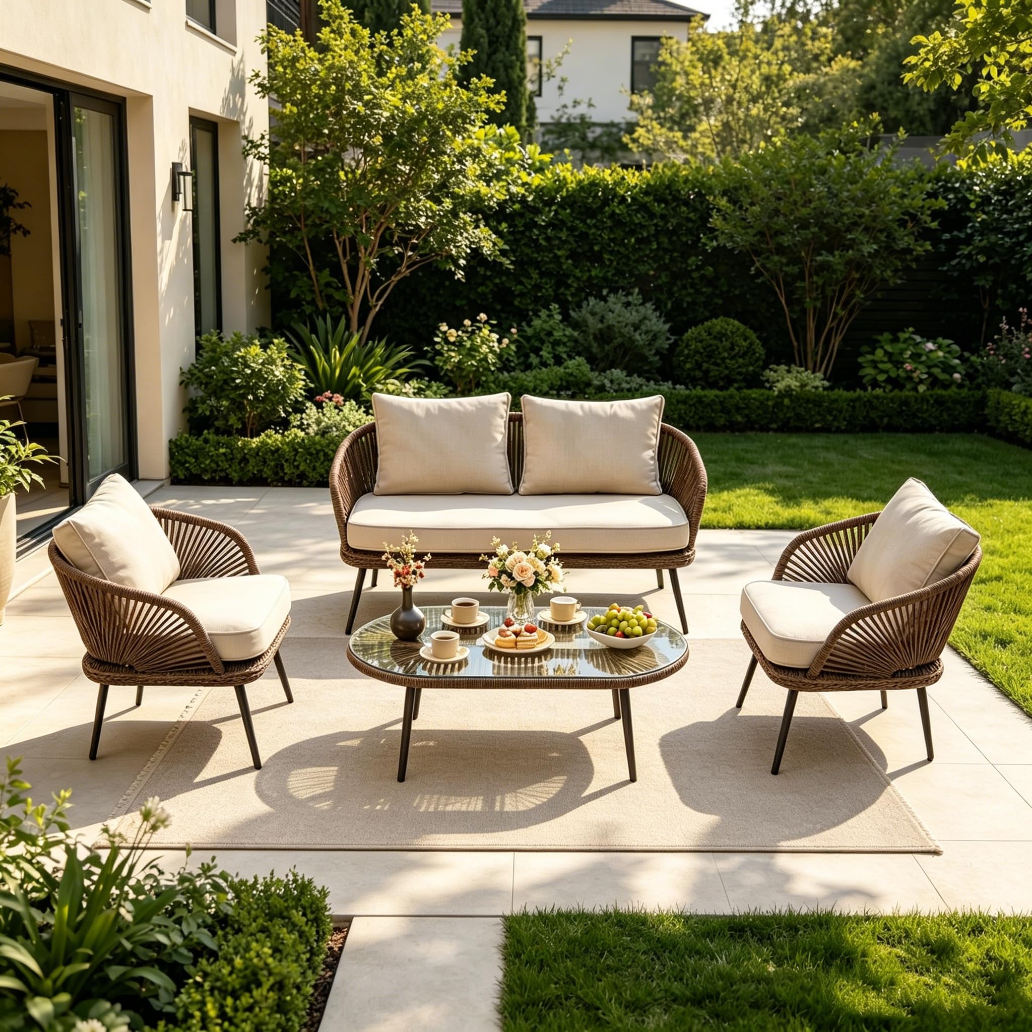Photo 1 of Tribesigns 4-Piece Outdoor Patio Furniture Set with Removable Waterproof Cushions, All-Weather Rattan Wicker Conversation Furniture Set with Glass Coffee Table for Garden, Pool, Porch, Balcony (Brown)