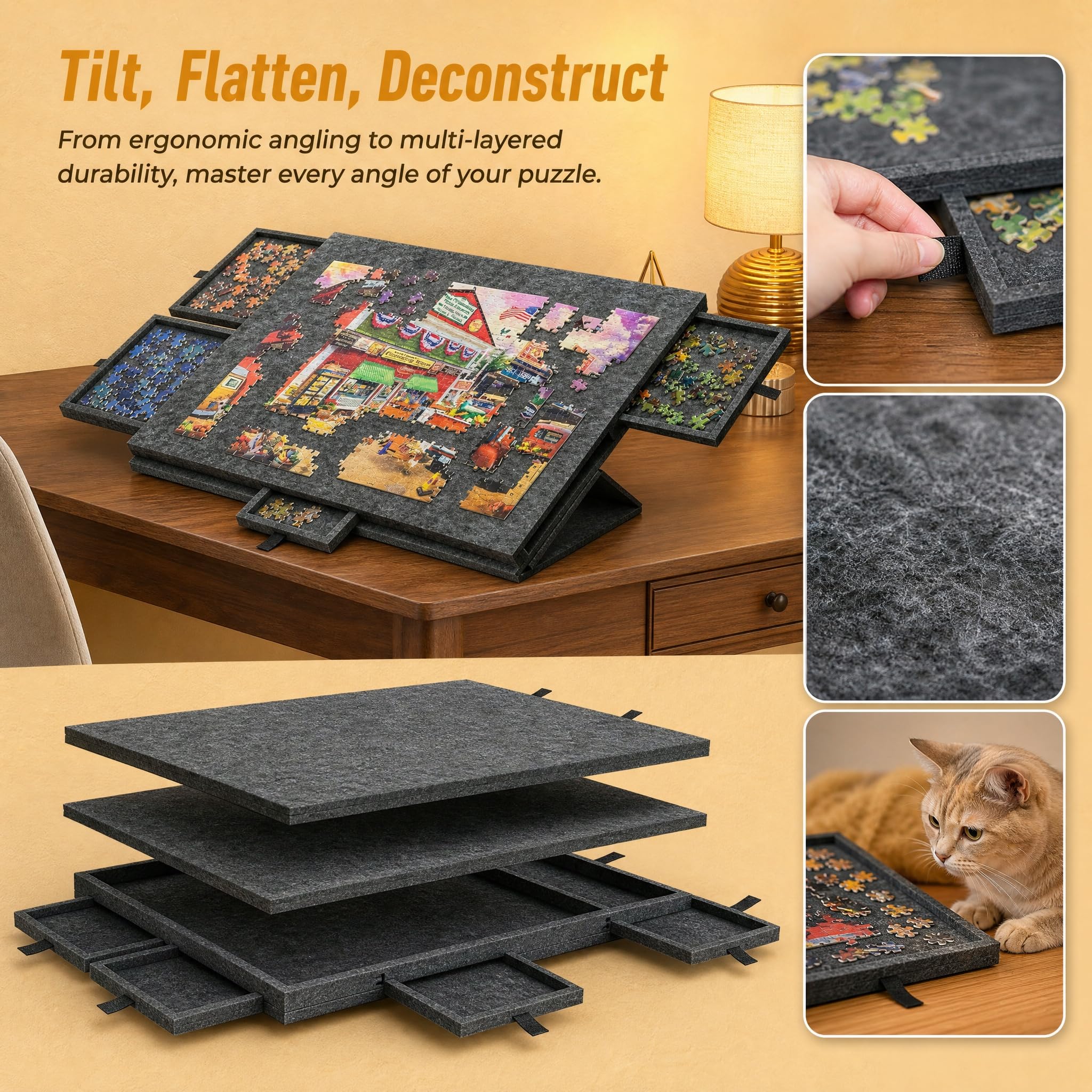 Stół do puzzli z 6 szufladami i pokrywą, przenośny organizer do puzzli z filcu ze stojakiem 2 w 1, regulowany stół do puzzli, na maks. 1000 części, idealny do sortowania i przechowywania (ciemnoszary)