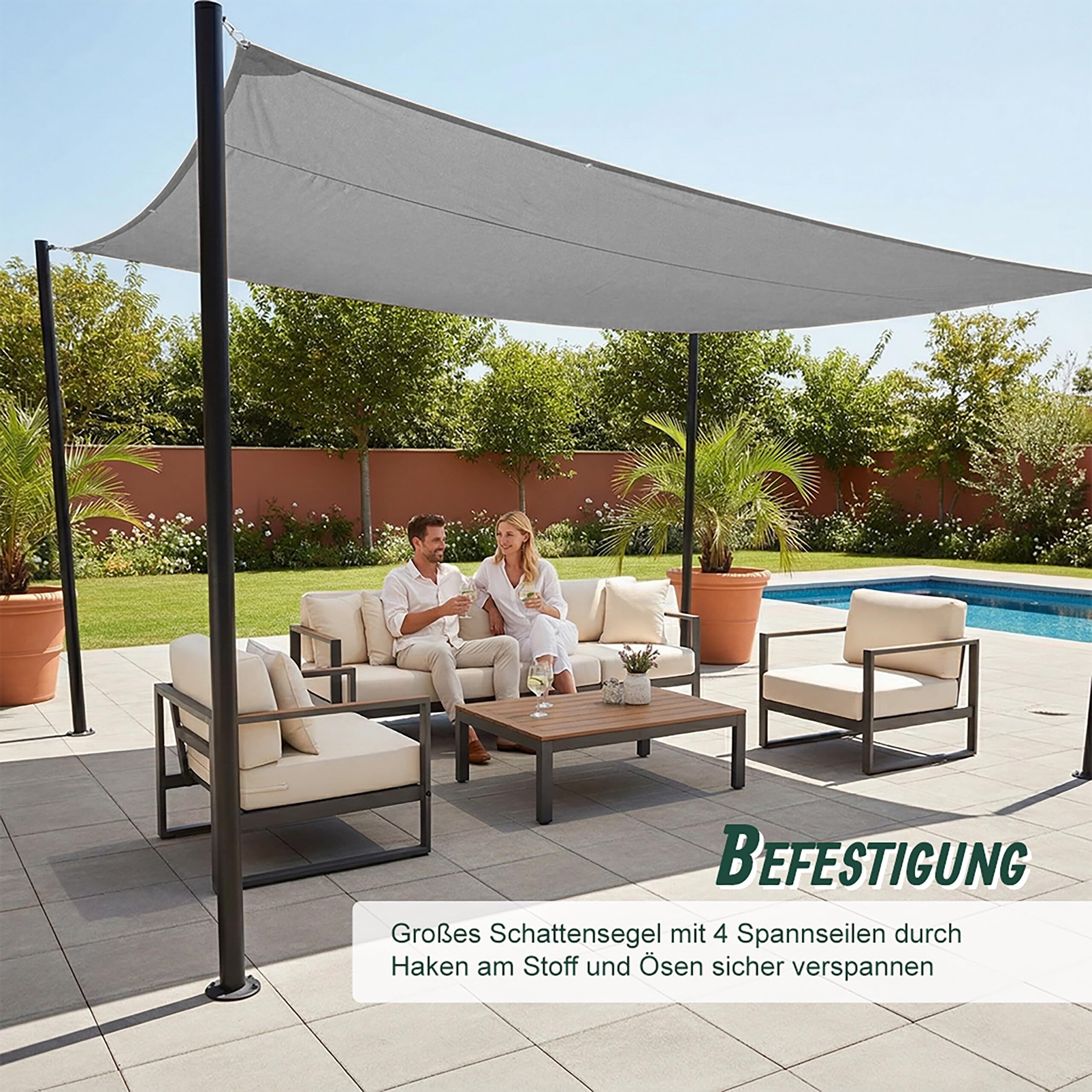 Relaxdays Sonnensegel, 5x5 m, Polyester, wasserdicht, Segeltuch Ösen & Spannseile, Sonnentuch quadratisch, dunkelgrau