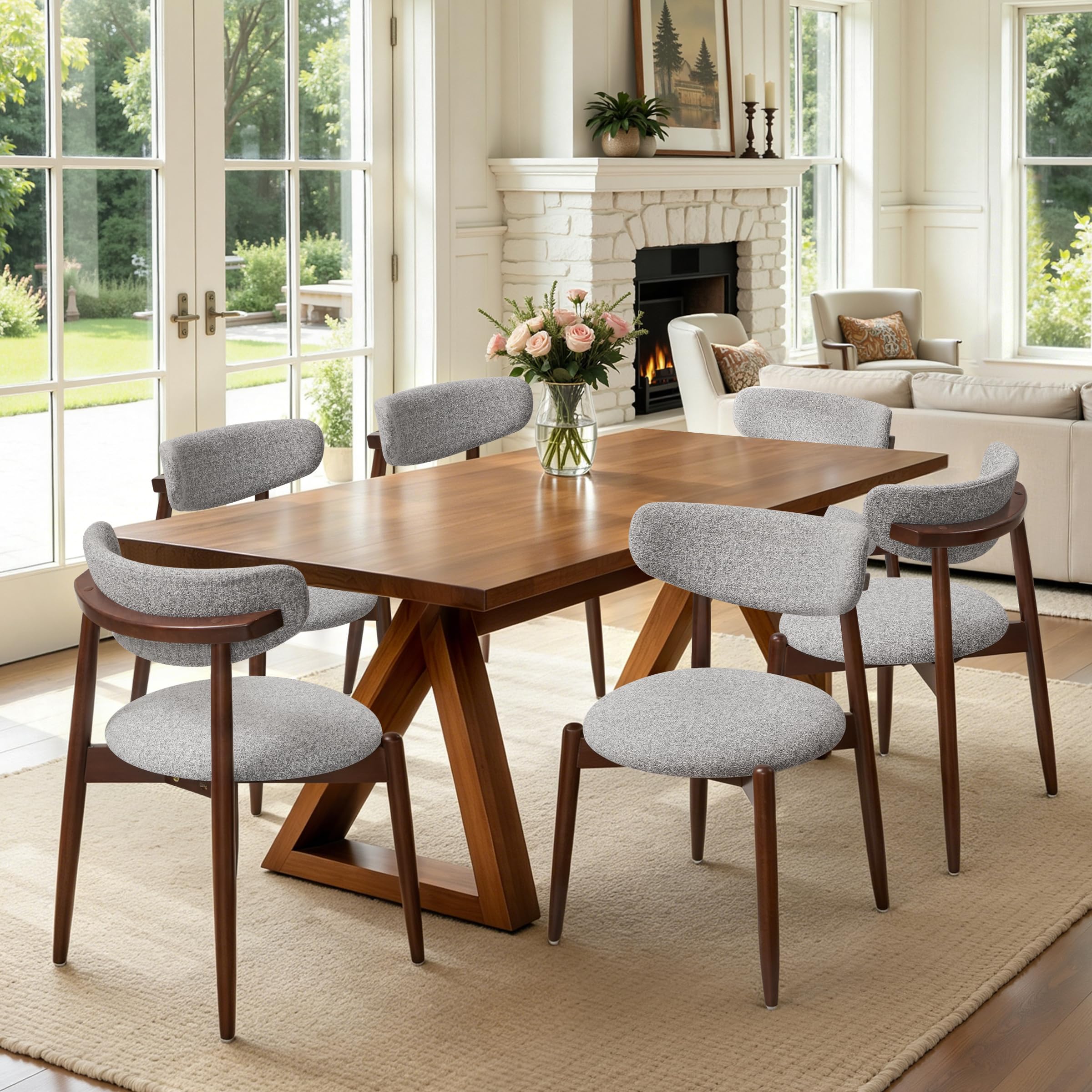 CHUN YI Dining Chairs Set of 6, Wooden Dining Room Chairs with Ergonomic Curved Back, Upholstered Mid Century Modern Kitchen Chairs, Gray