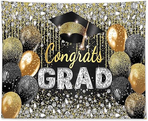 Allenjoy Telón de fondo de graduación negro y dorado de 118 x 95 pulgadas para fotografía Master Felicitaciones Grad Class of 2024, suministros de