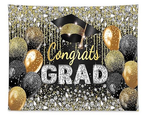 Miniatura 1 de Allenjoy Telón de fondo de graduación negro y dorado de 118 x 95 pulgadas para niñas y niños, fotografía, felicitaciones, clase de graduación de