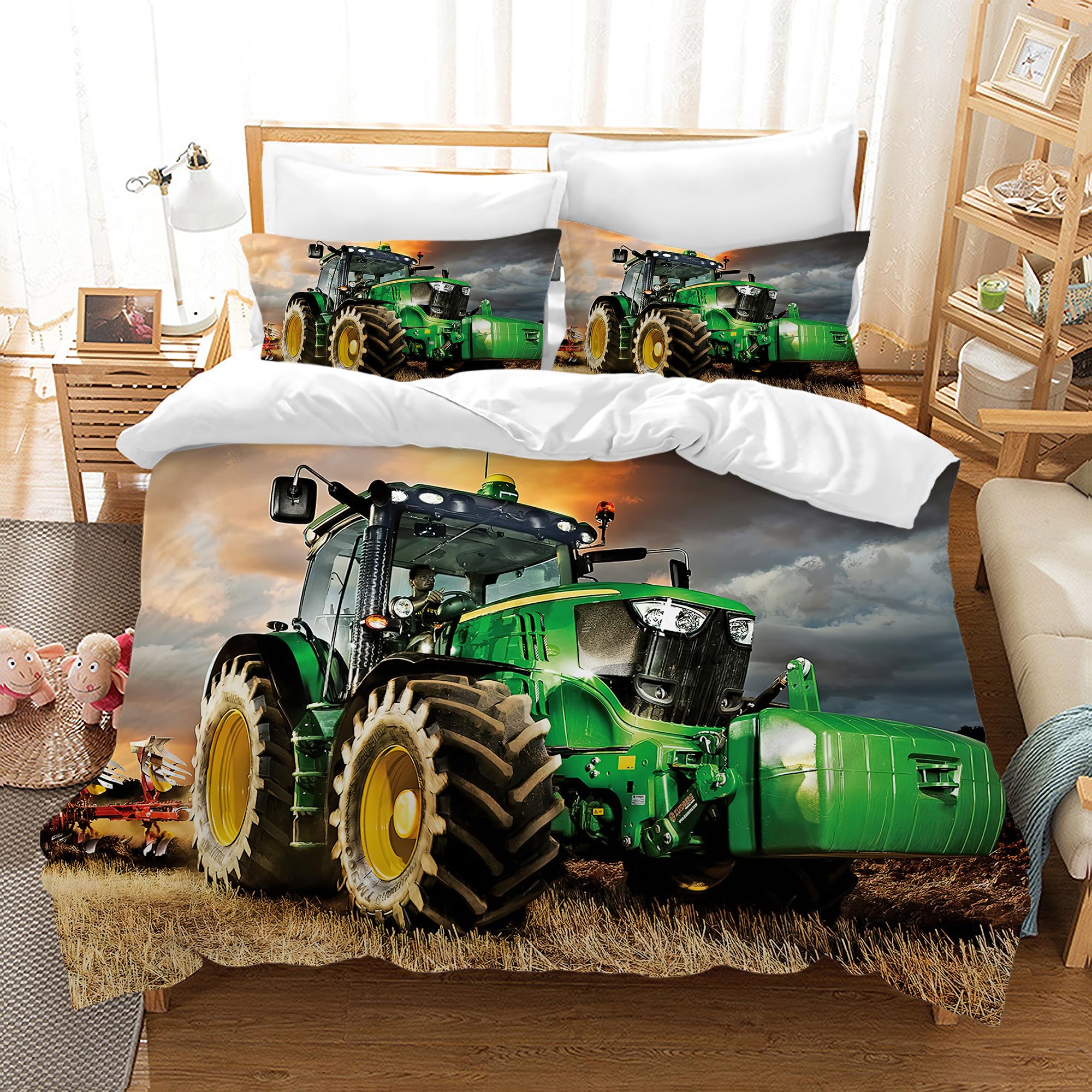 AVJWWD Tractor Bedding Duvet Cover Set Soft Microfiber Tractor Print Pattern Bedding Set with Zipper Closure and 2 Pillow Shams for Kids Adults (Tractor A, 135x200cm) — image 1