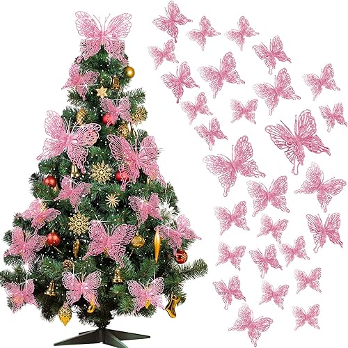 36 piezas de 3 tamaños de decoración de mariposa para árbol de Navidad adornos de mariposa hueca con purpurina decoraciones de mariposa colgantes