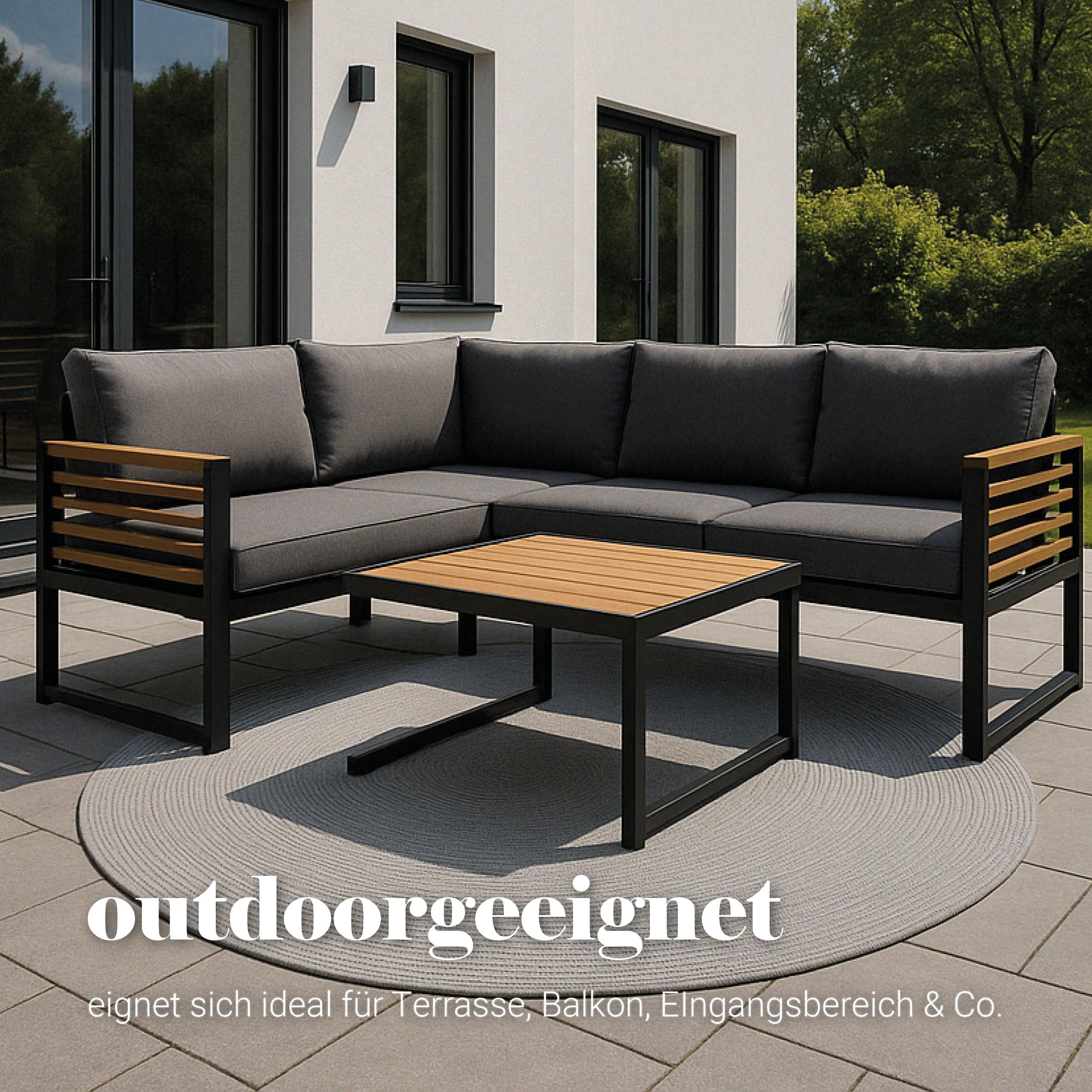 Astra Robuster Outdoorteppich rund - Beidseitig nutzbarer Teppich Innen und Außen - Handgenähter-Teppich Balkon, Terasse, Garten - Grau rund Ø 120 cm