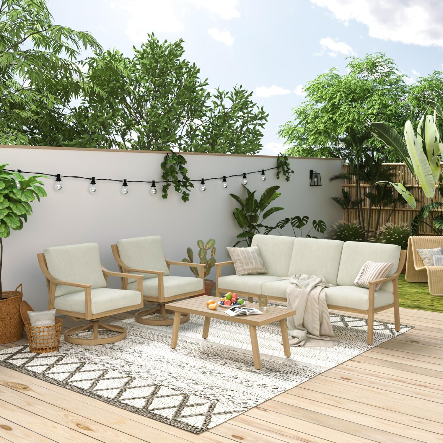 HAPPATIO 4-Piece Outdoor Patio Furniture Set for 5, Aluminum Outdoor Conversation Set Includes 1 Three-Seater Sofa, 2 Swivel Chairs, and 1 Coffee Table, Perfect for Porch, Deck, Garden, (Beige)