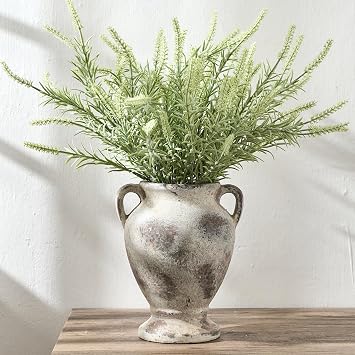 PORCER Ceramic Rustic Flower Vase with Handles, 8.46 Inch Tall Vintage Pottery Home Decor, Farmhouse Terracotta Vase for Living Room, Table, Shelf, Mantel Decoration, Farmhouse- Brown