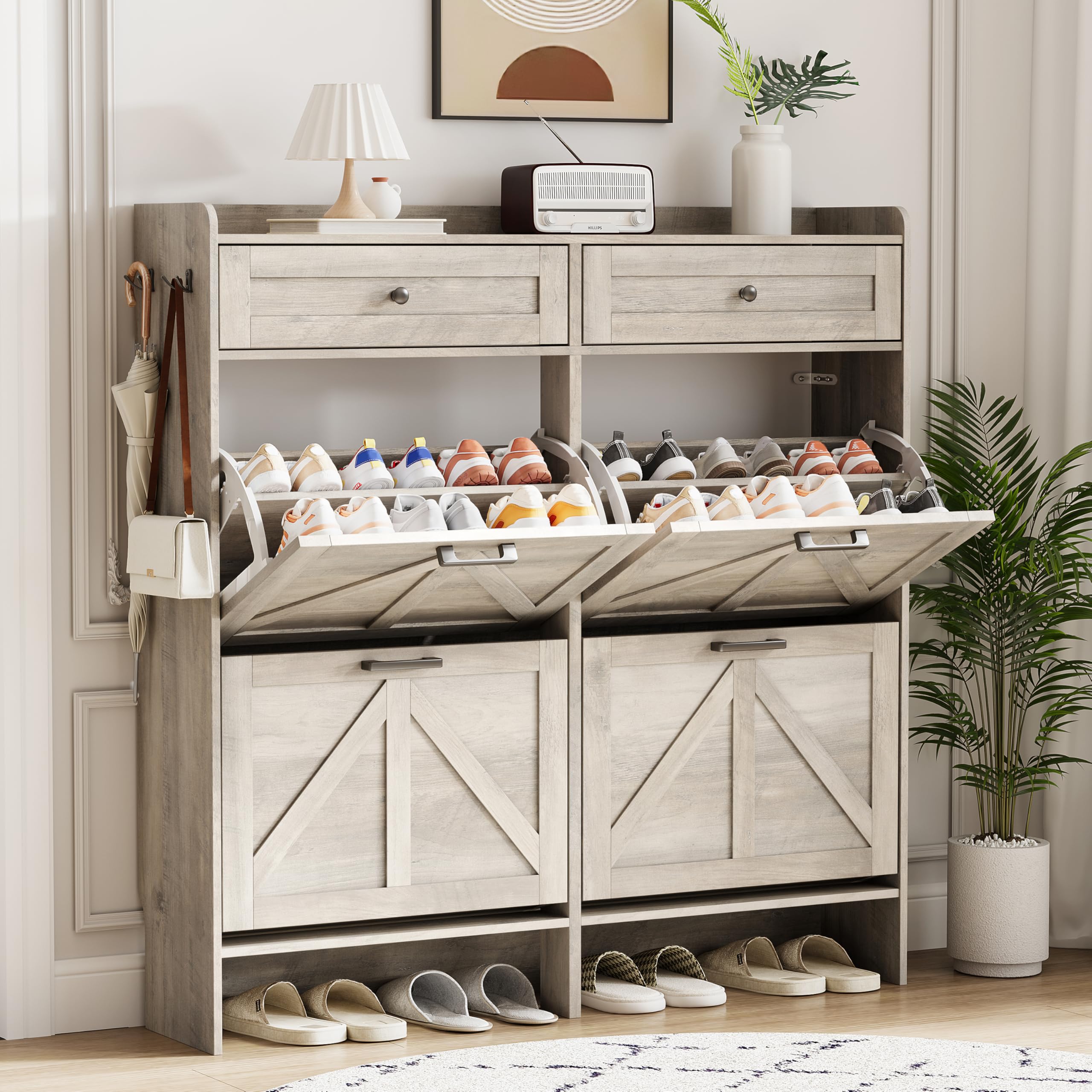 Shoe Cabinet with 4 Flip Drawers &amp; 2 Top Drawers, 43" Tall Freestanding Narrow Wooden Shoe Storage Organizer for Entryway, Hidden Slim Shoe Rack for Front Door Entrance, Hallway, Living Room, Grey