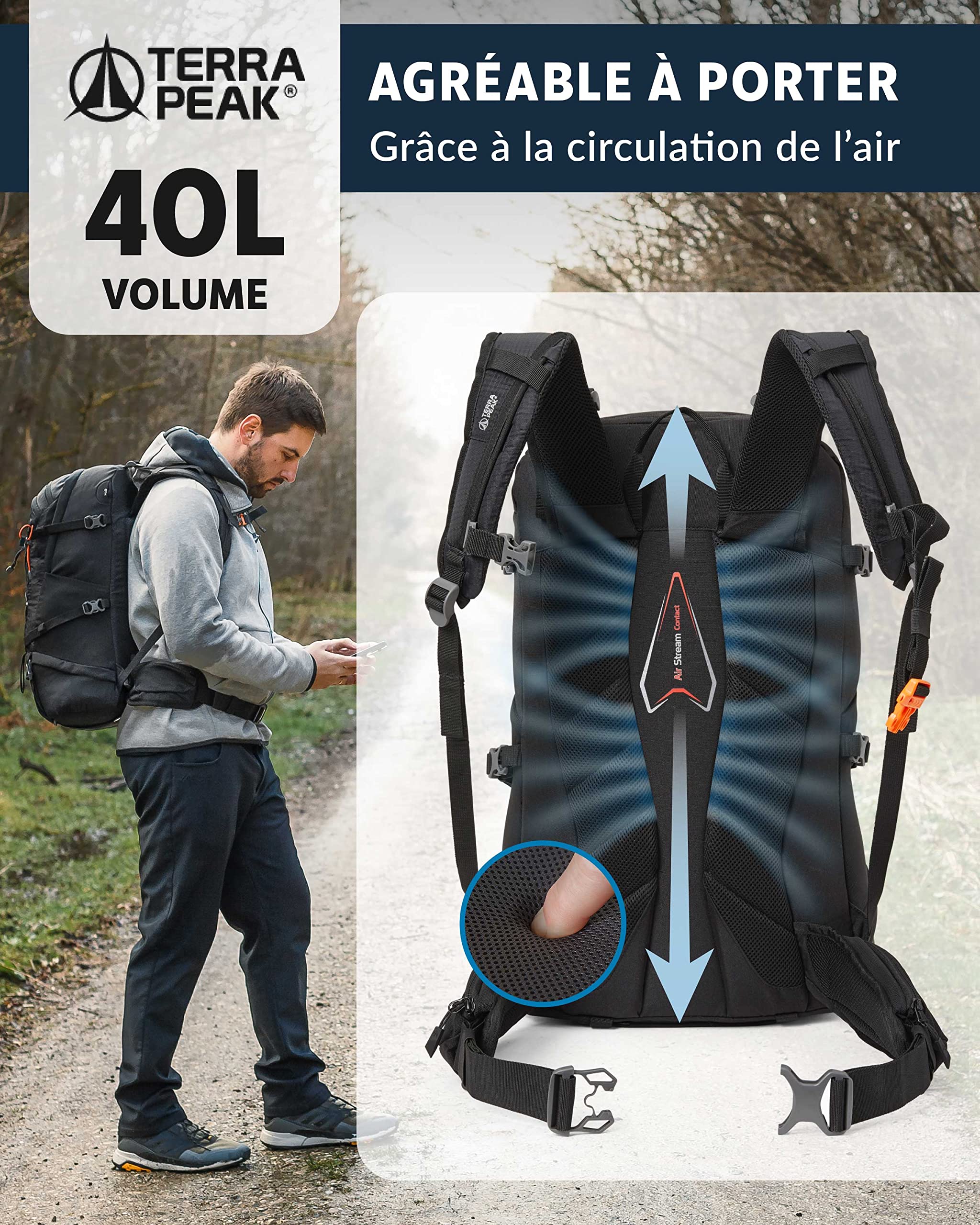Terra Peak® Sac à dos de randonnée 40L (FLEX 40) grand pour femme et homme - Sac a dos de trekking, chasse et voyage (respirant, imperméable) - Sac alpinisme, escalade et de jour (ergonomique)