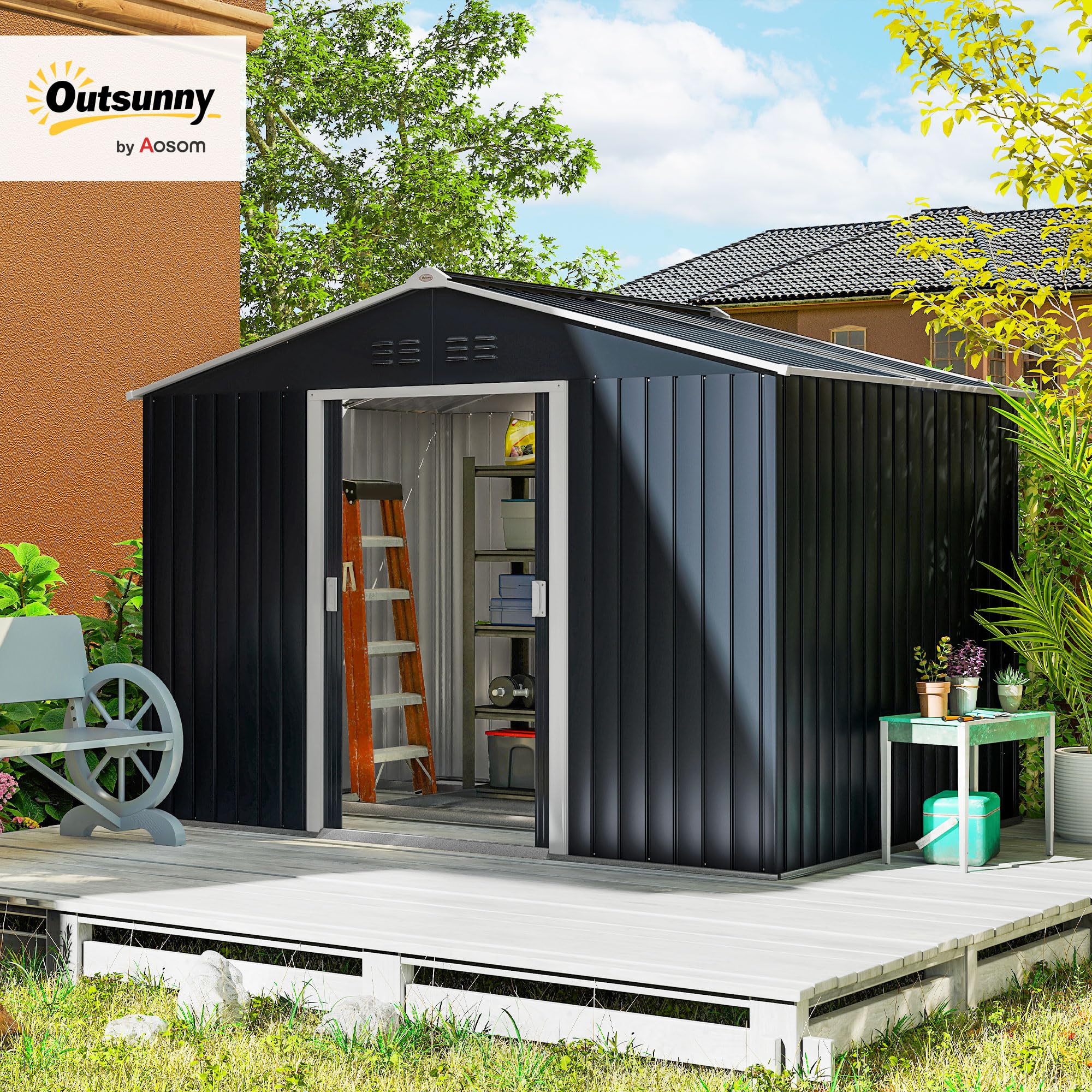 Outsunny Abri de Jardin en Acier galvanisé XXL 5,4 m² avec kit de Fondation 277x195x192cm, cabane de Jardin Toit en Fibre de Verre, cabanon Rangement Outils Portes coulissantes 4 aérations Gris foncé