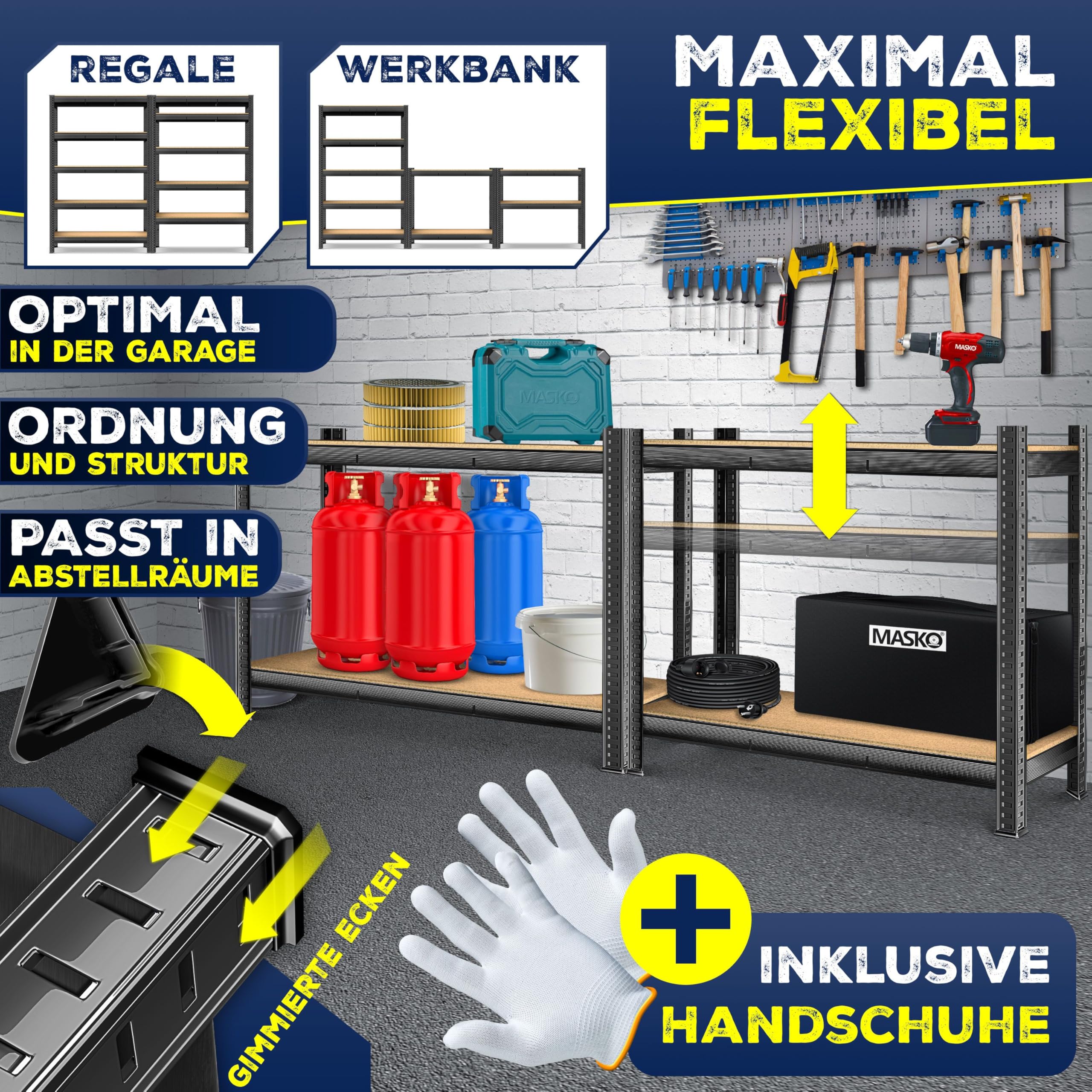 MASKO® Schwerlastregal Lagerregal Kellerregal 180x160x60cm, 1500kg belastbar, 5 verstellbare Ablagen, MDF-Platten Regal aus Metall, Steckregal, Werkstattregal Stahlgestell Garage Werkbank Schwarz