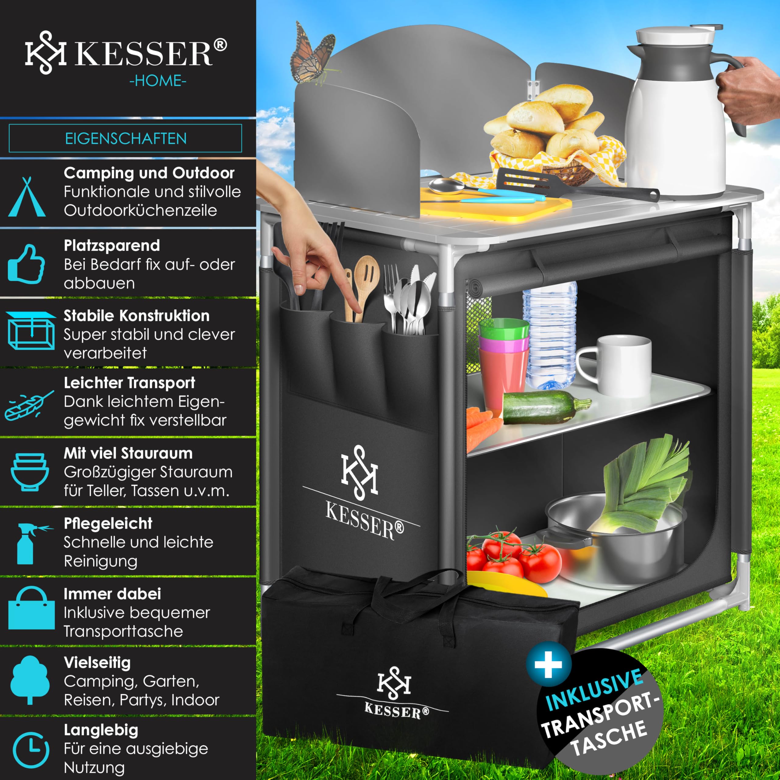 KESSER® Armoire de Camping, Cuisine de Camping avec Structure en Aluminium, Sac de Transport fourni, Armoire de Cuisine pour Camping, Meuble de Camping, Plein air