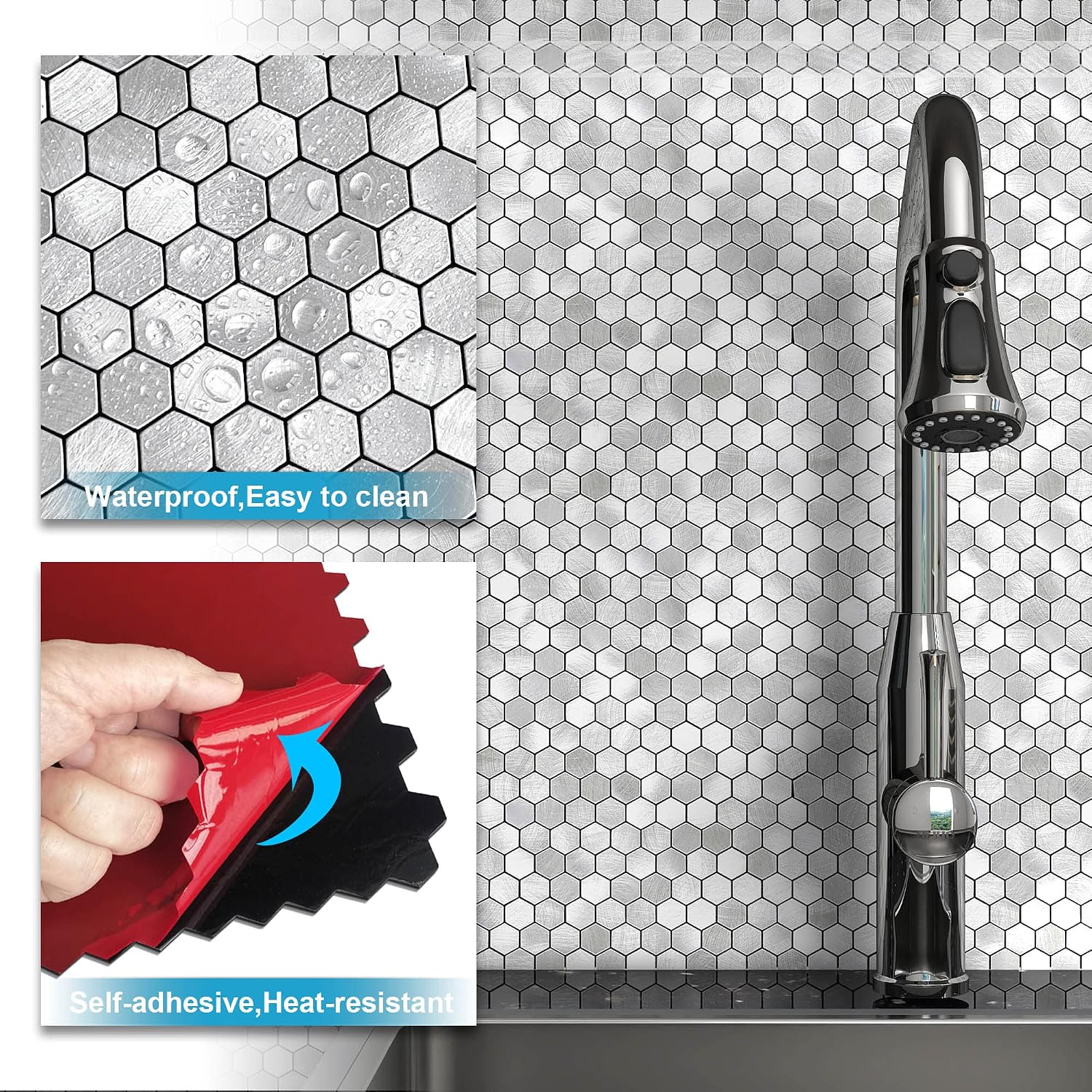 BeNice Peel and Stick Backsplash Kitchen Mosaic Tiles Penny Hexagon Small Metal Stickers(10PCS,Silver)