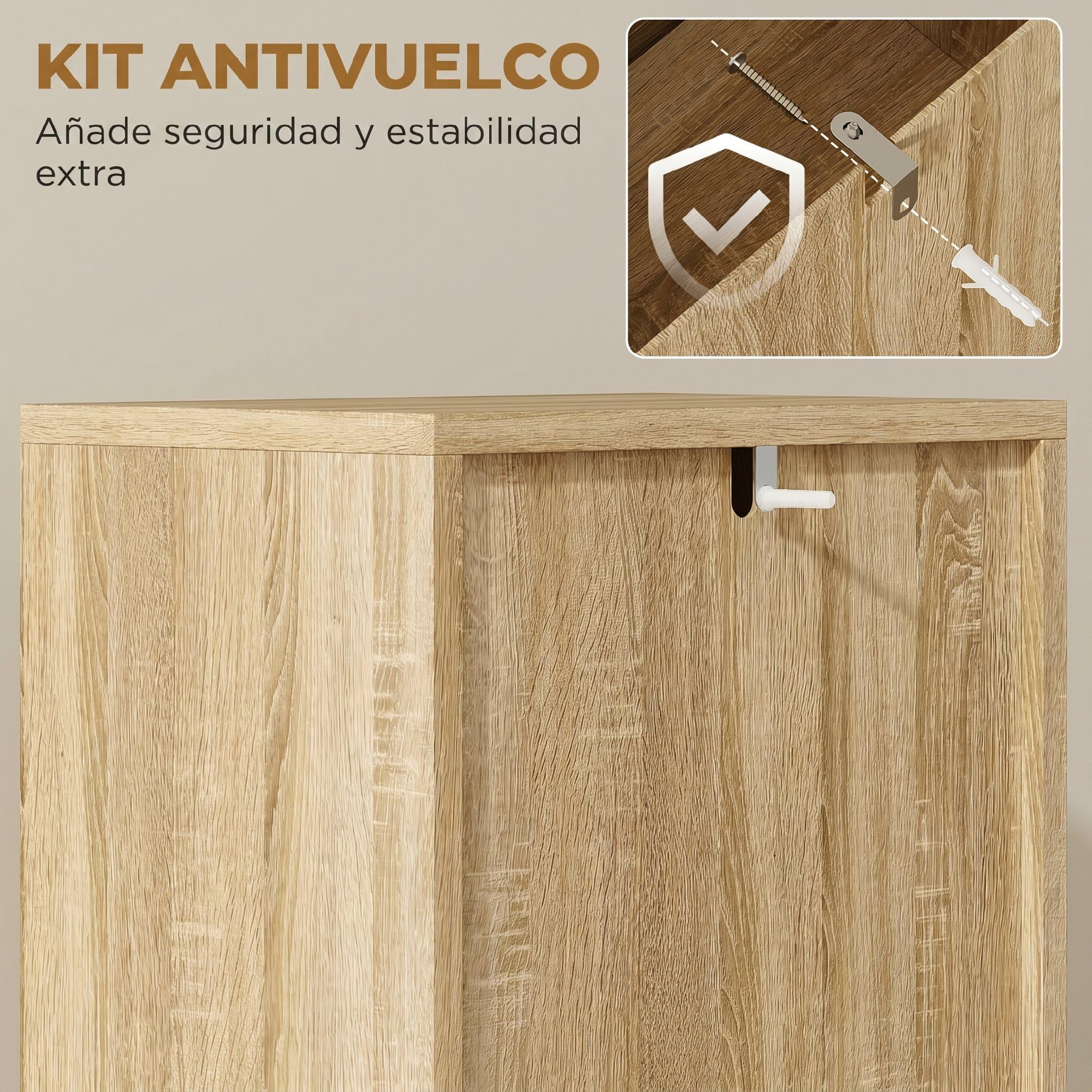HOMCOM Armario de Baño Alto para Espacios Pequeños 34x23x170 cm Natural | Mueble Auxiliar de Baño Estrecho, Estantes Ajustables, Puertas de Lamas Apertura por Presión, Estantes Abiertos