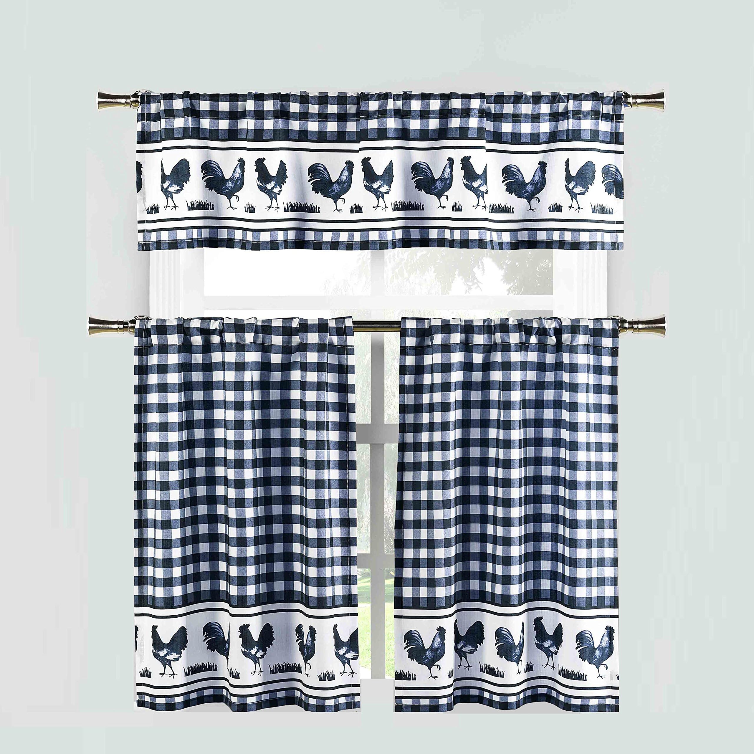 3 Piece Window Curtain Cafe/Tier Set: Gingham Check and Rooster Design (Navy)