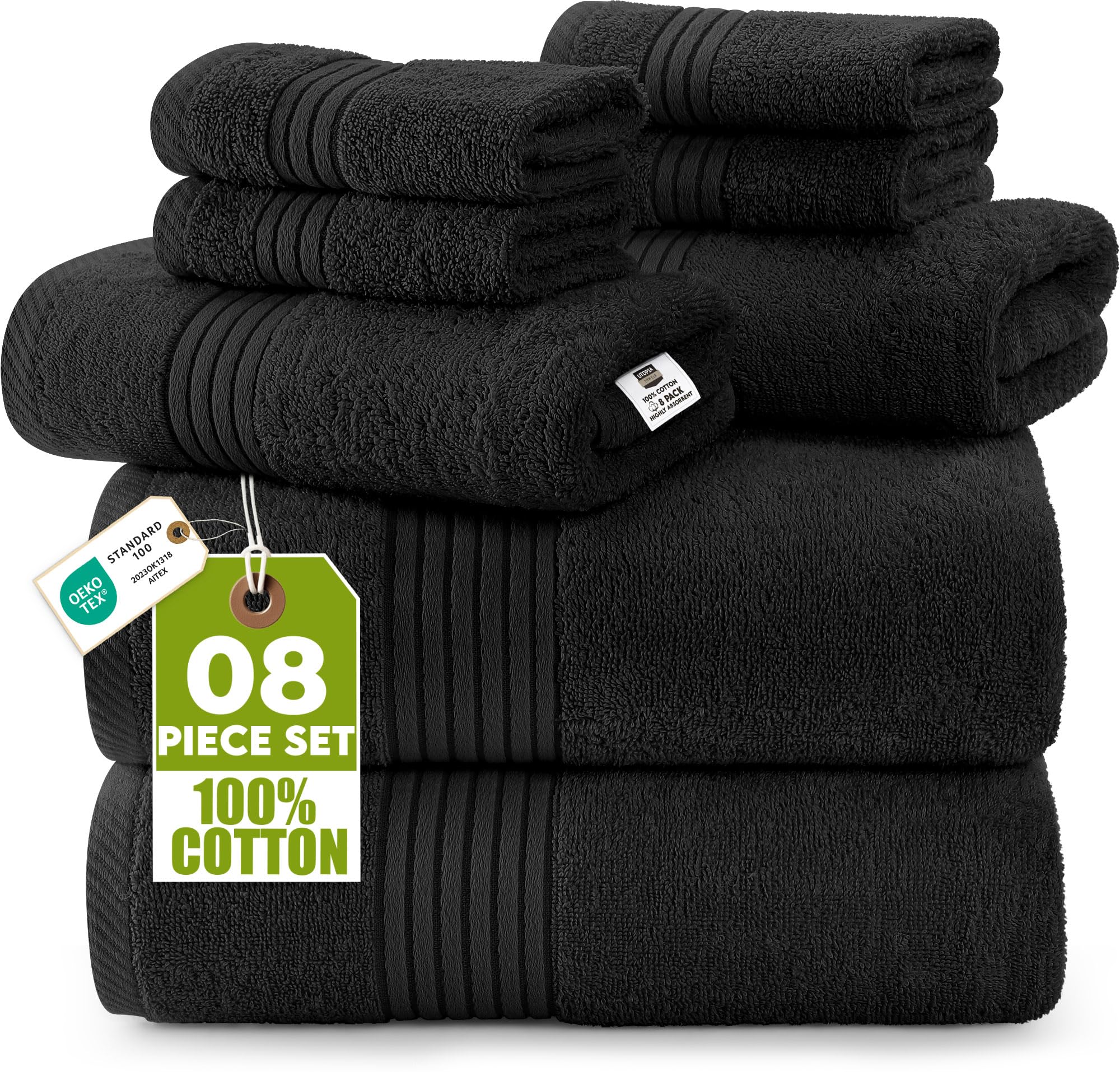 Black : Premium 700 GSM 8 Piece Towel Set; 2 Bath Towels, 2 Hand Towels and 4 Washcloths - Cotton - Machine Washable, Hotel Quality, Super Soft and Highly Absorbent by Utopia Towels (black)