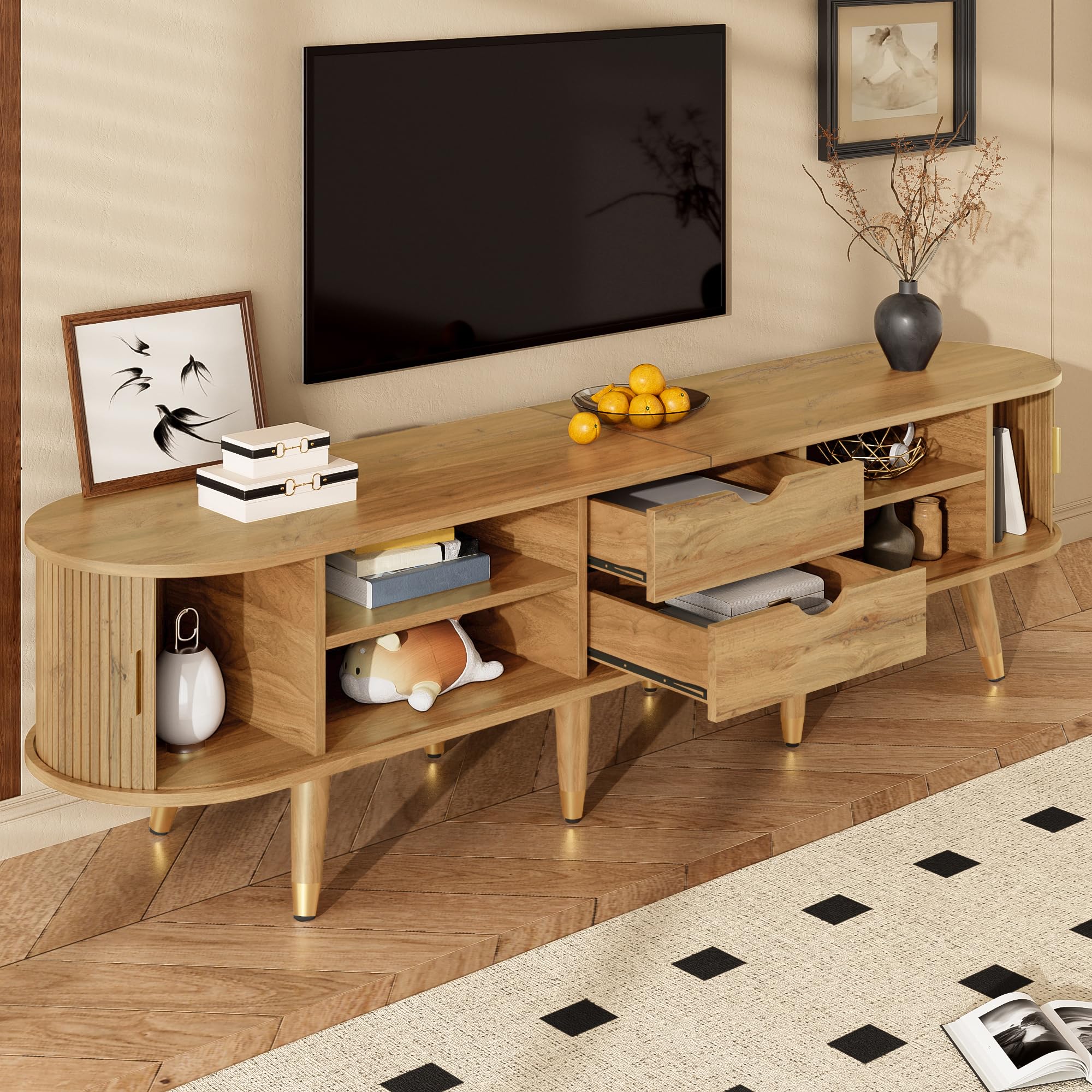 Mobile basso per TV, 175 cm, noce, con anta scorrevole in rattan, scomparti aperti e cassetti, portata 60 kg, stile rustico per soggiorno