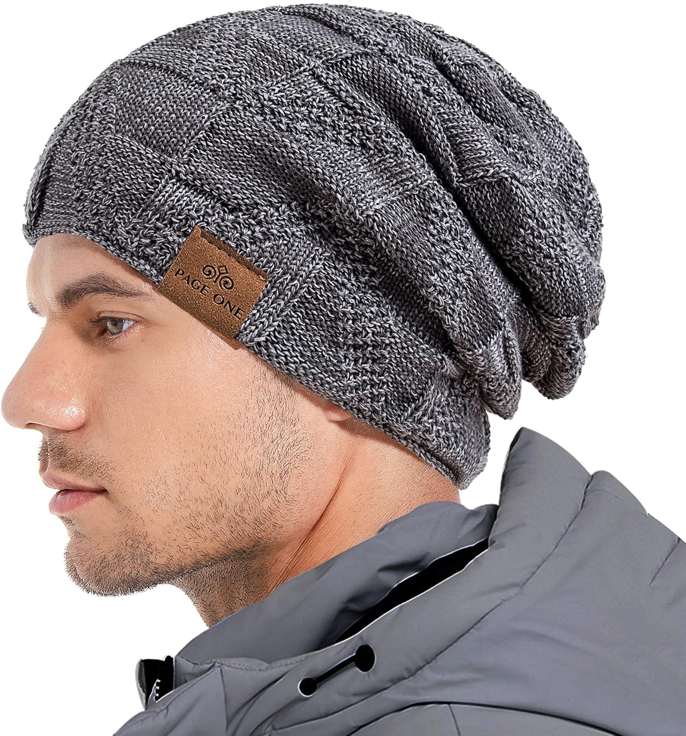 PAGE ONE Mens Winter Slouchy Beanie Warm Fleece Lined Skull Cap Baggy Cable Knit Hat Khaki at  Men’s Clothing store