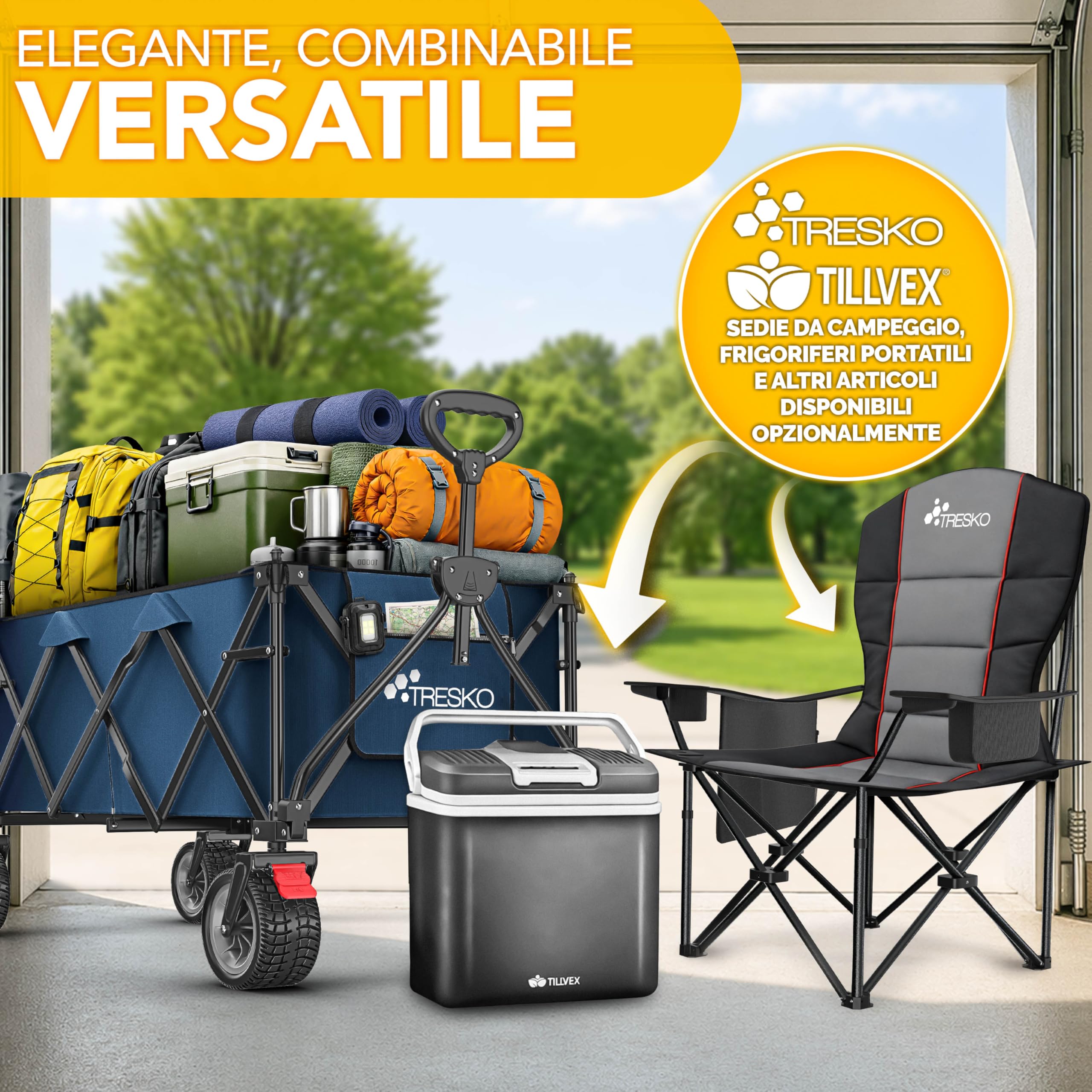 TRESKO® Carrello pieghevole da 300 l con freno, carrello pieghevole da 150 kg con pneumatici in gomma piena, pieghevole, extra large, ruote per il trasporto con borsa per il trasporto (blu)