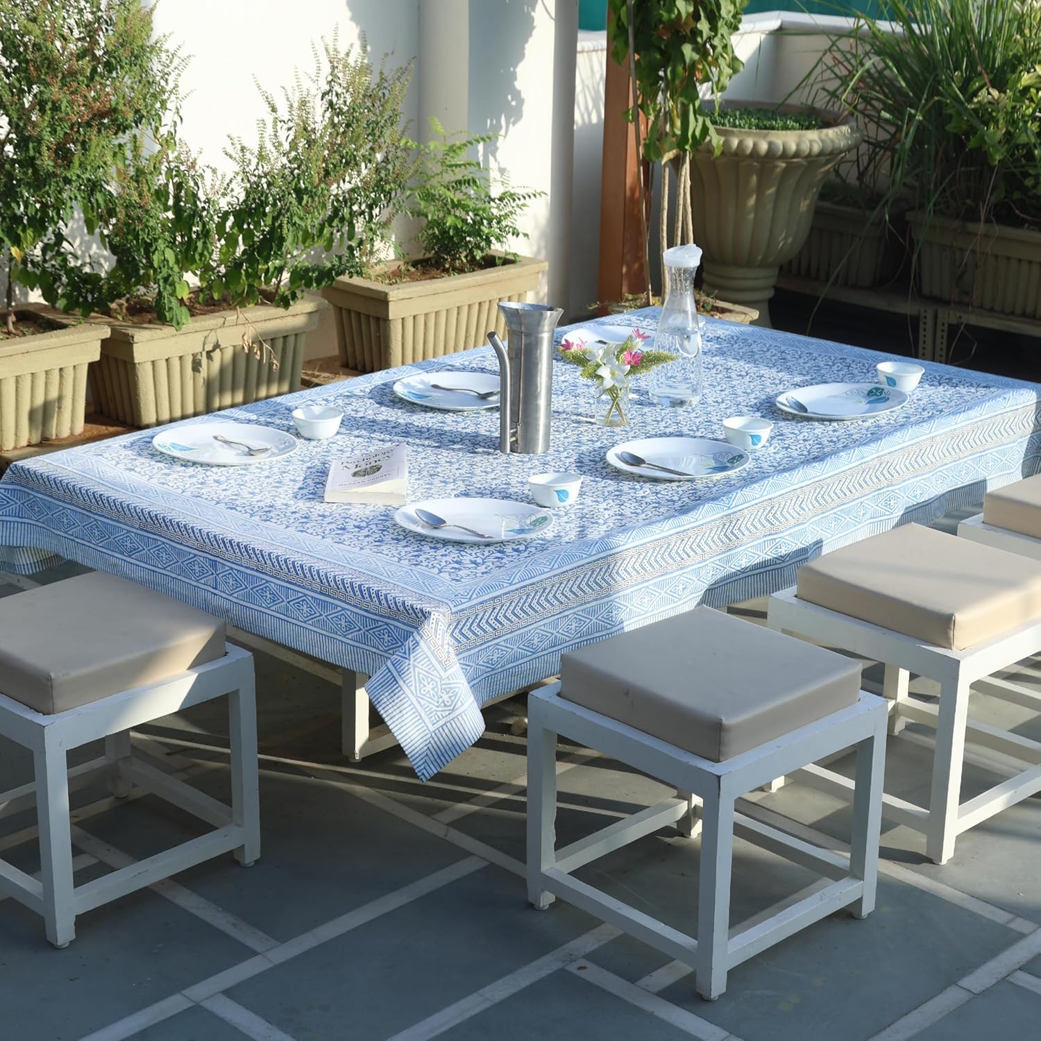 ABHOOH Cotton Tablecloth, Handblock Print Rectangle Blue Table Cloth for Kitchen Dinning Tabletop Decoration Parties Weddings Thanksgiving Christmas (60 X 108 Inches) Rectangle (60"X108") Modra