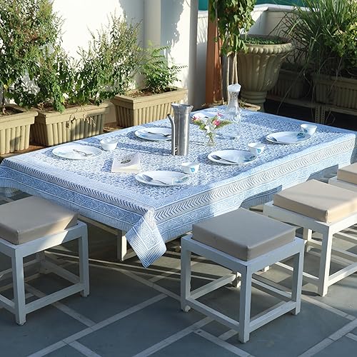 Miniatura 8 de ABHOOH Mantel de algodón, mantel rectangular azul con estampado a mano para decoración de mesa de cocina, comedor, fiestas, bodas, Acción de