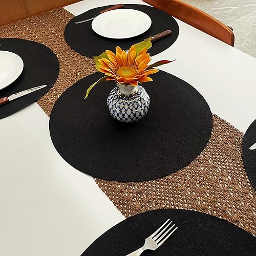 Miniatura 7 de SLOW COW Juego de 4 manteles individuales redondos de lino para mesa de comedor, manteles individuales de 15 pulgadas, lavables, color negro