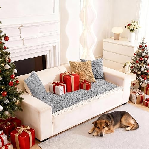 Funda de sofá lavable para perros, funda mullida para sofá de 3 cojines, protector de muebles de felpa suave con respaldo antideslizante (gris