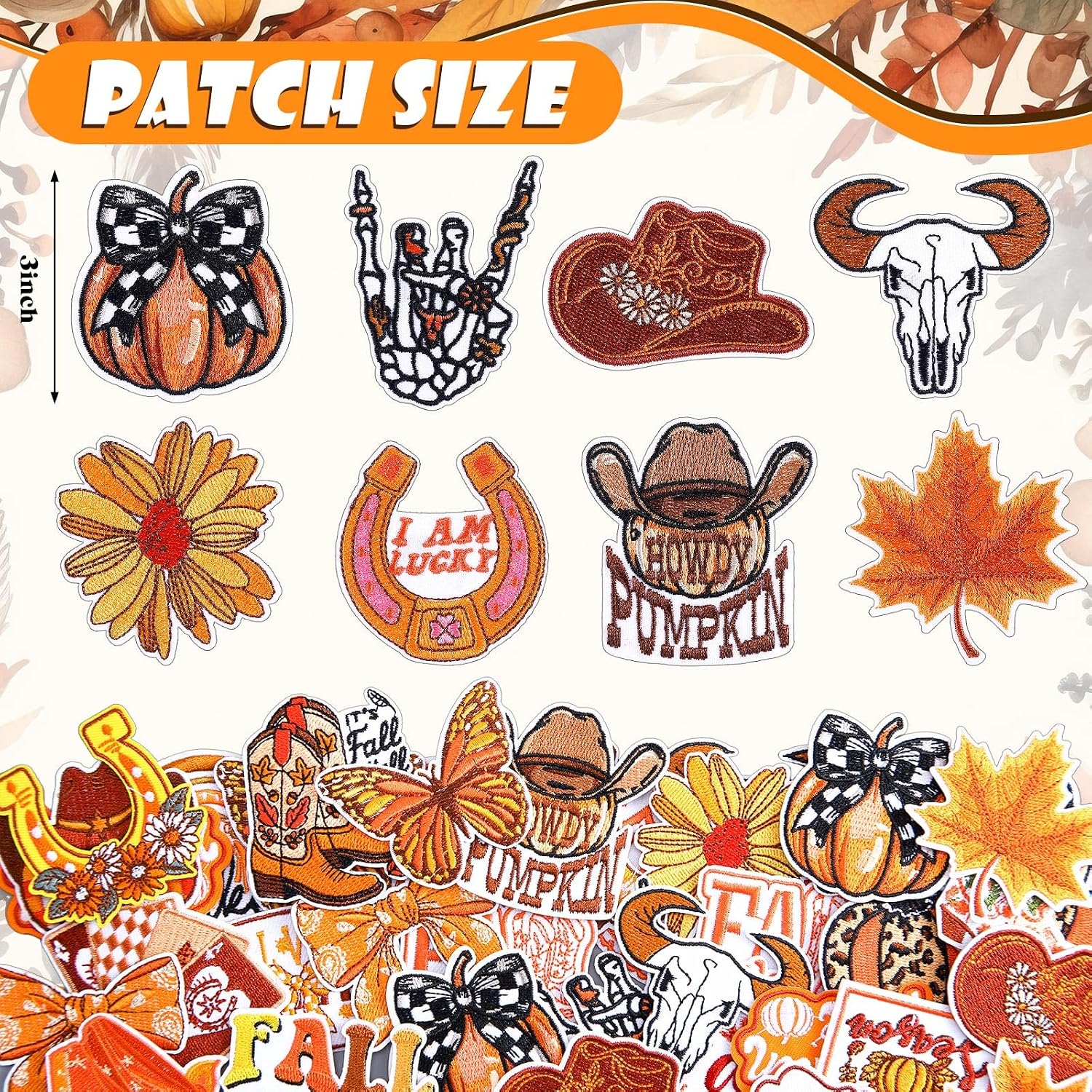 Zeyune 72 Pcs Western Fall Iron on Patches Bulk Embroidered Pumpkin Patch