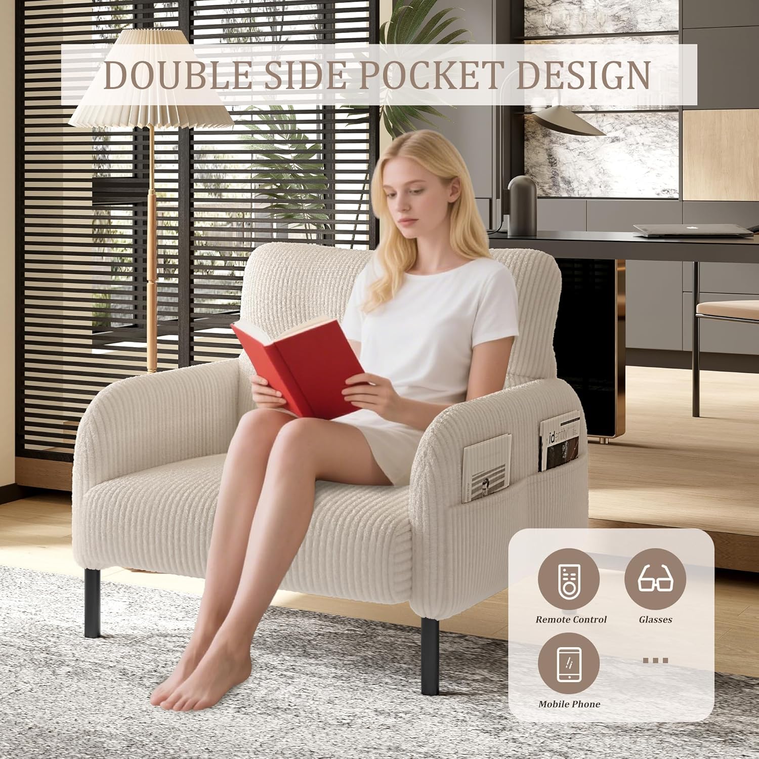 KEIKI 26" Corduroy Single Sofa Chair with Double Side Pockets & High Resilience Cushion, Modern Ergonomic Design Upholstery Oversized 1-Seater Accent Chair, Easy Assembly, for Living Room, Beige