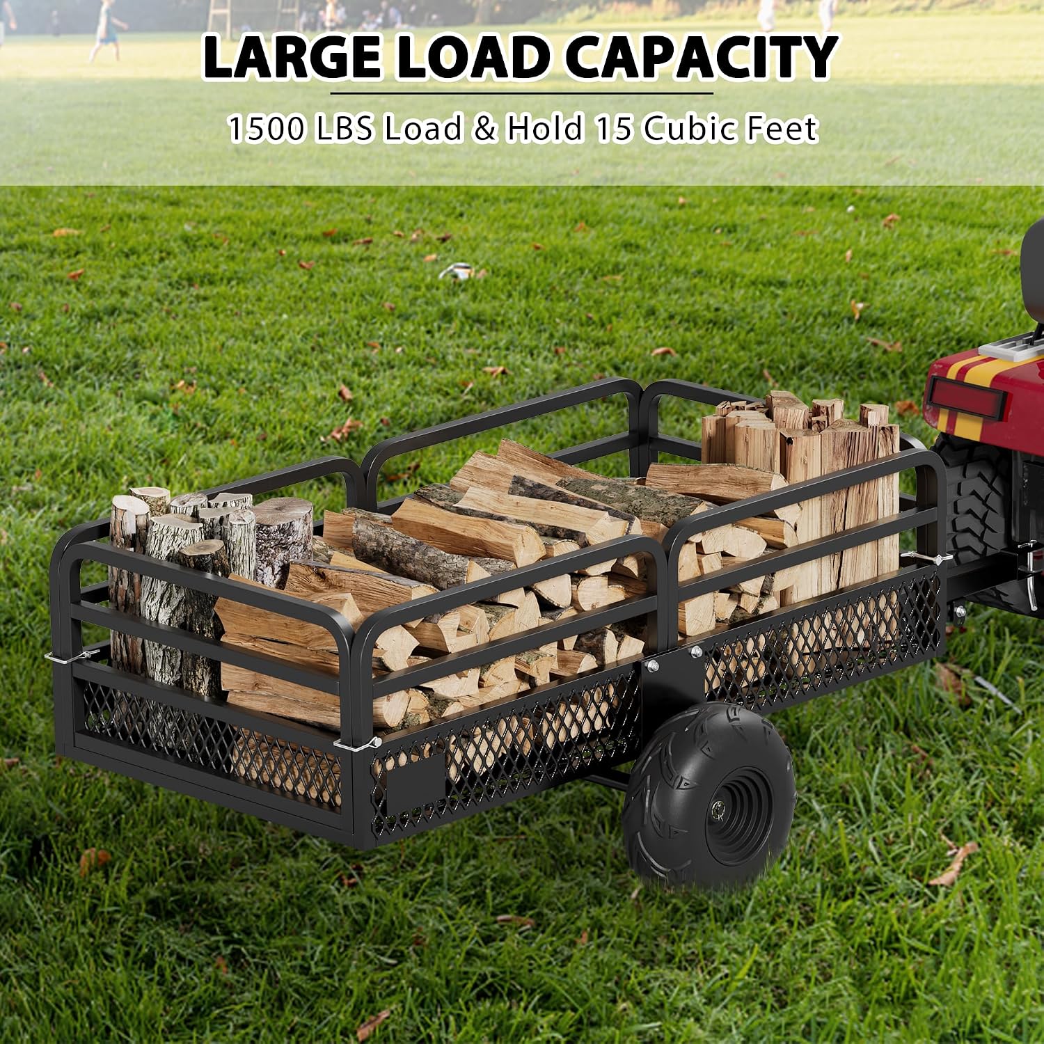 ATV Trailer for Lawn Tractors, Heavy Duty Steel Dump Cart 1500 lbs 15 Cubic Feet Garden Utility Trailer W/Support,Hand Pull or Foot Pedal Tow Behind Dump Cart for ATV, UTV, Lawn Mowers and Tractors