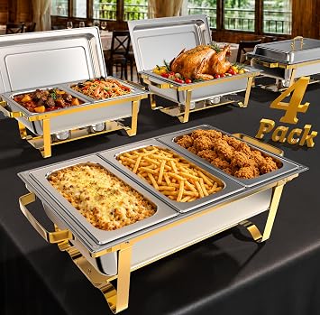 Amhier Chafing Dishes for Buffet, 4 Pack, Gold | 9QT Capacity, 7 Multi-Size Food Pans, Stainless Steel, For Parties and Weddings