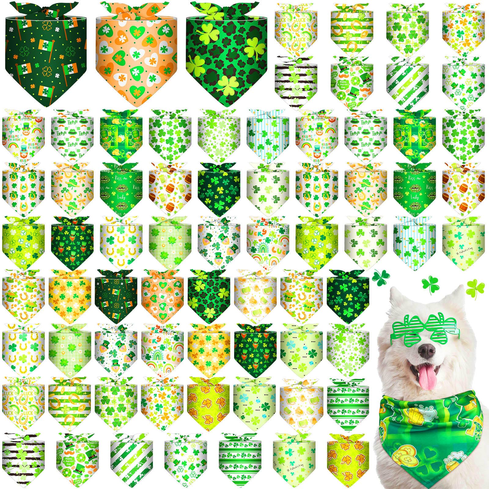 Bulyoou 72 Pcs St Patrick's Dog Bandanas Bulk Shamrock Bandanas for Dog Adjustable Washable Pet Triangle Scarf Soft Kerchief Bib for St Patrick's Holiday Pet Costume Accessories