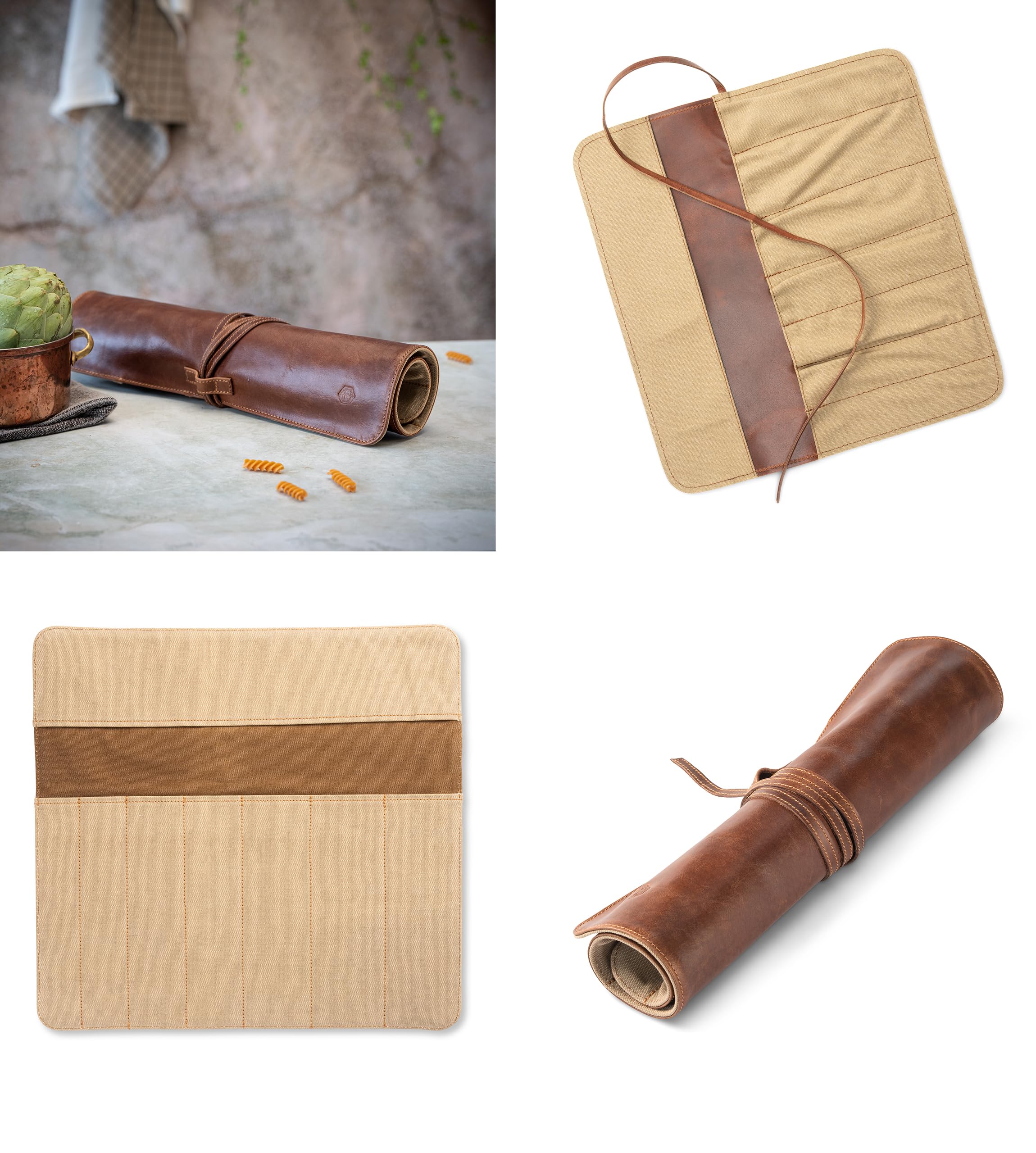 Angus Stoke Mallette à couteaux en cuir pour les cuisiniers | Rouleau de couteaux de cuisine premium grand | Housse de couteaux pour couteaux de cuisine avec compartiment supplémentaire et fermeture