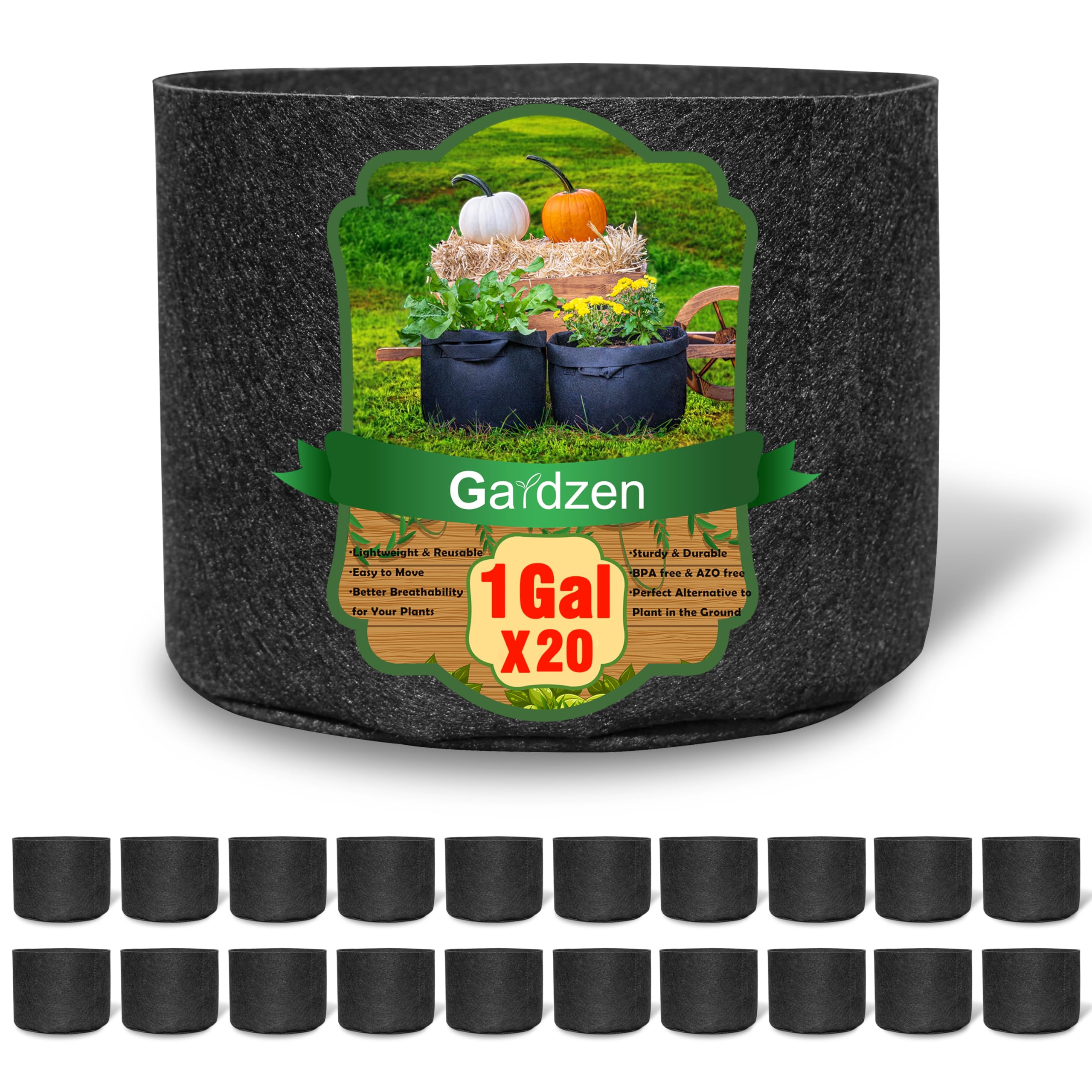 gardzen 20-Pack 1 Gallon Nonwoven Grow Bags, Aeration Fabric Pots, Pack of 20