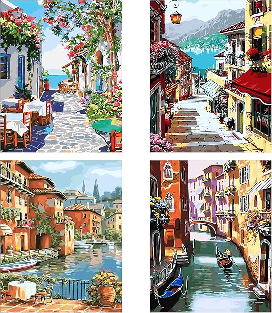 Cskunxia 4 Pack Paint by Number DIY Acrylic Painting Paint by Number Kit Canvas Oil Paint by Numbers for Adults Kids with Paint Brushes for Home Wall Décor 40 x 50 cm/ 16 x 20 inch