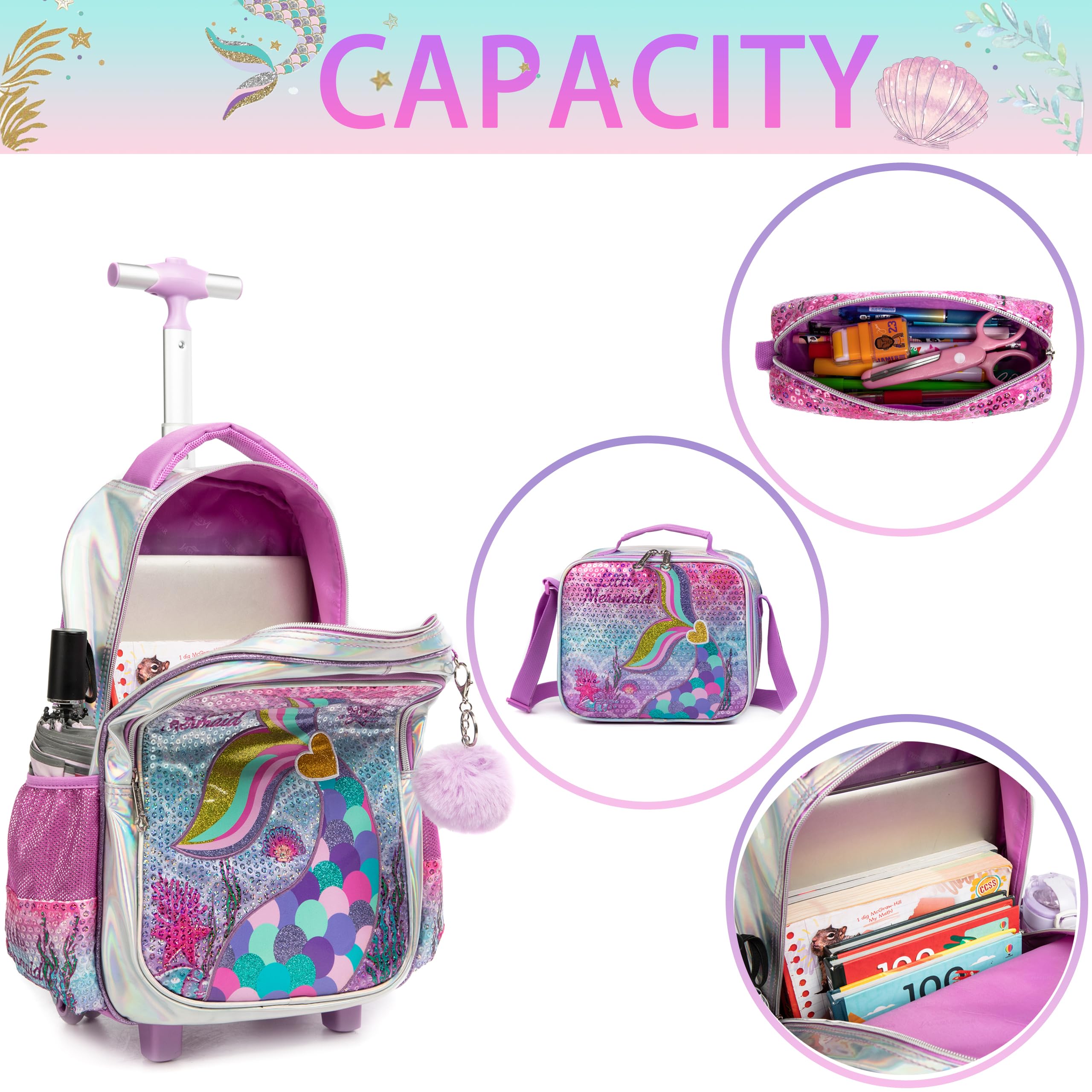 HTgroce Cartable Fille Primaire roulettes, 3 en 1 Cartable Fille Sac à Dos Un Sac à Lunch et Un étui à Crayons