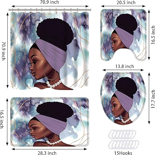 Miniatura 2 de Juego de 4 cortinas de ducha para mujer afroamericana, juego de cortina de ducha de mezcla morada, impermeable, semiapagón, suministros de