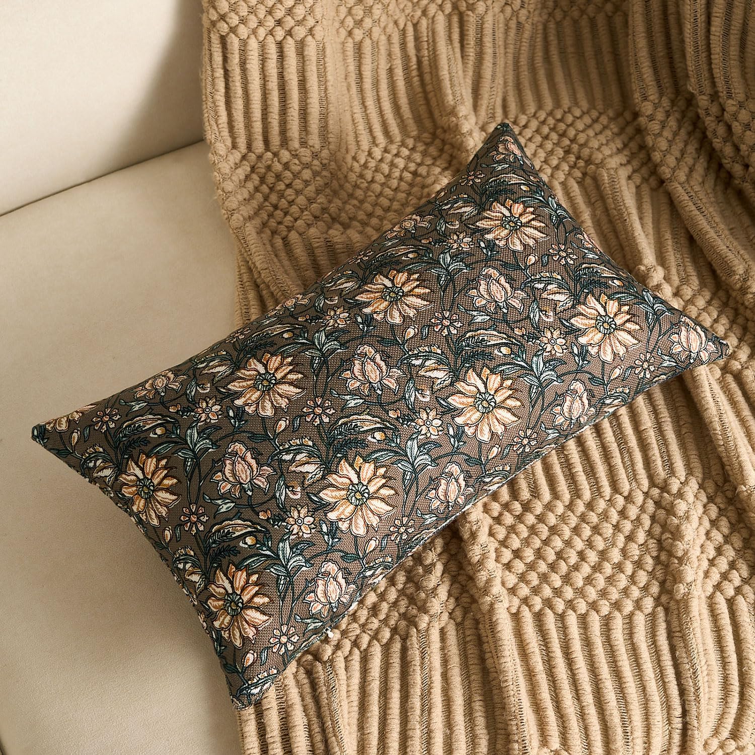 Floral Decorative Lumbar Pillow Covers 12x20 Farmhouse Floral Throw Pillow Covers Taupe Accent Long Cushion Covers for Couch Sofa Bedroom Living Room Home Decor Outdoor Midcentury Pillowcases Set of 2 - Image 3